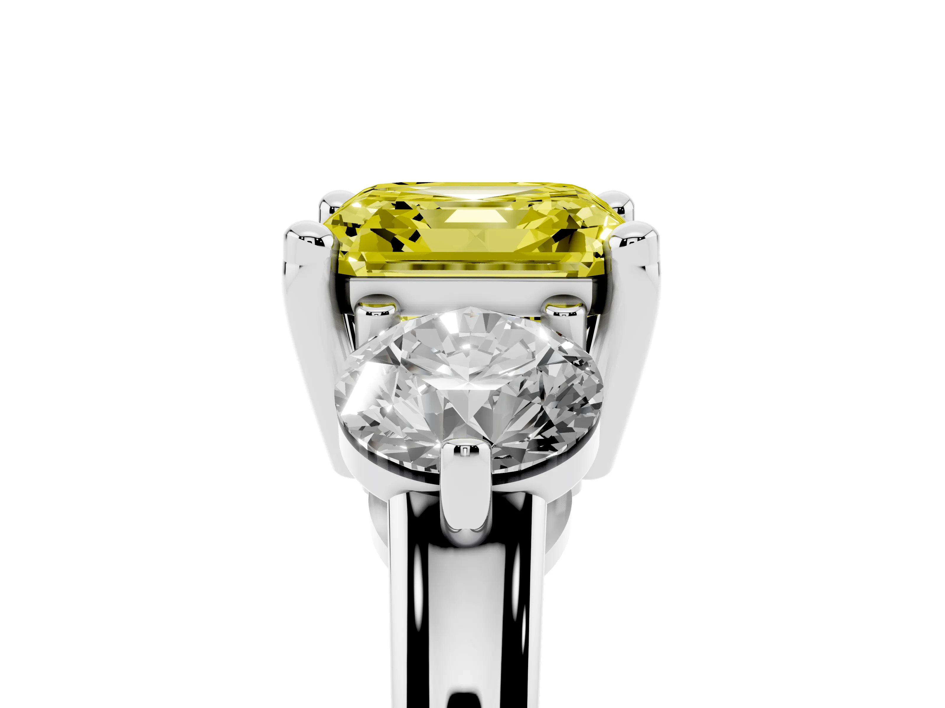 Fancy Yellow Asscher Cut Diamond Three-Stone Ring Set in White gold with Prong Setting and Classic Band