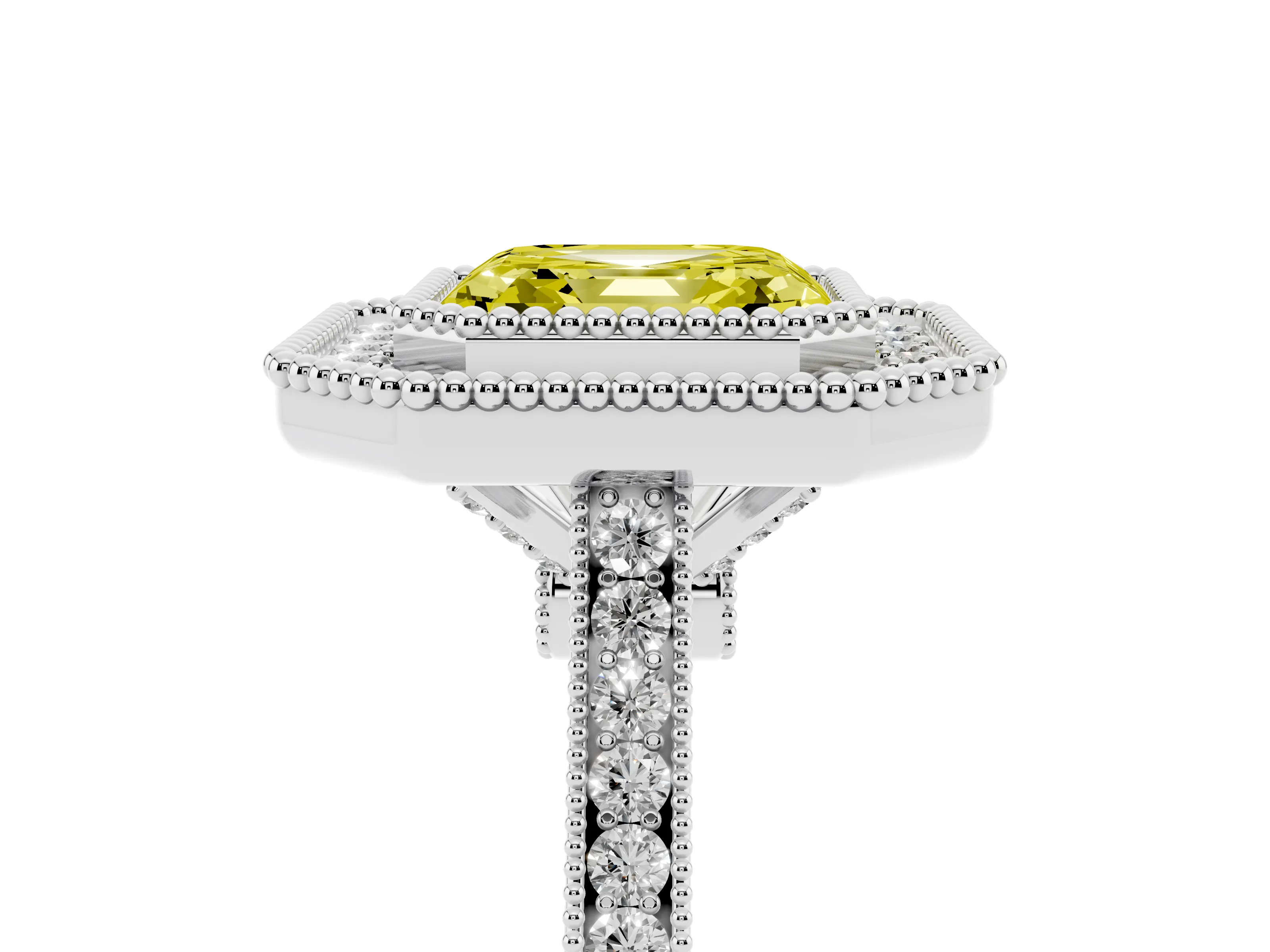 Fancy Yellow Asscher Cut Diamond Halo Ring Set in Silver with Milgrain Frame and Pavé Band