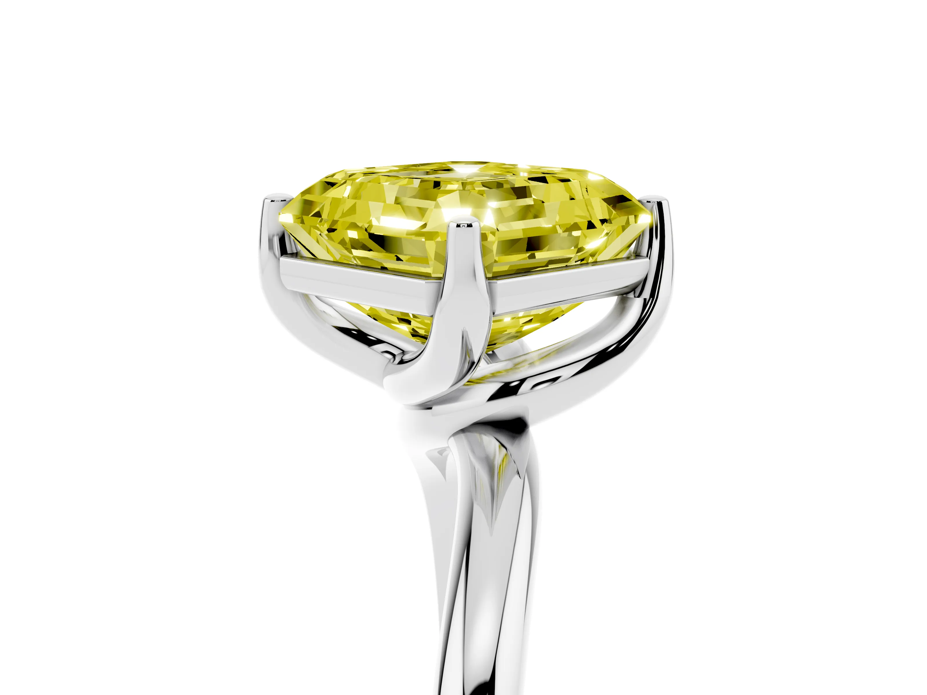Fancy Yellow Asscher Cut Diamond Solitaire Engagement Ring Set in White gold with Classic Plain Band
