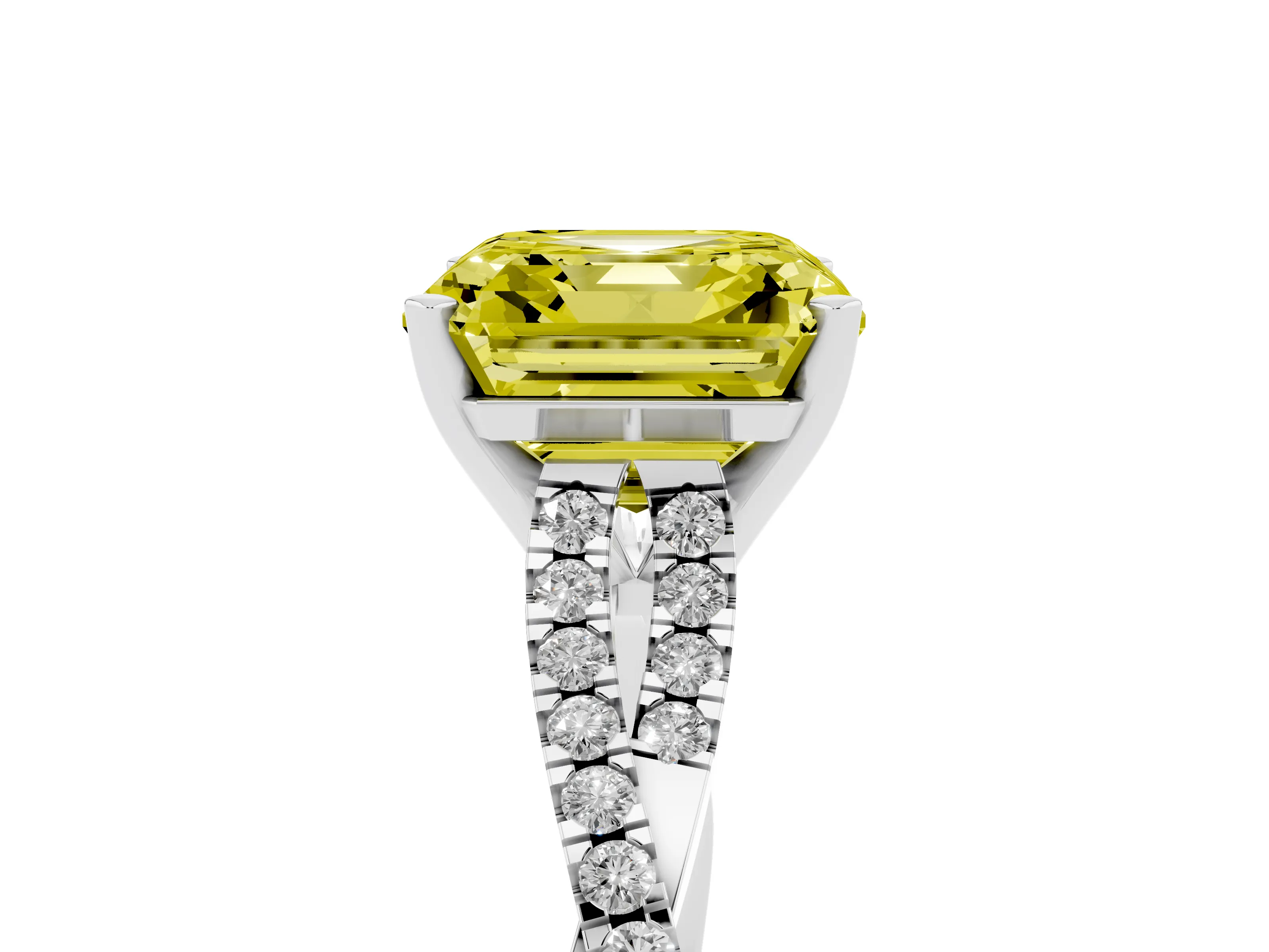 Fancy Yellow Asscher Cut Diamond Solitaire Engagement Ring Set in White gold with Twisted Pavé Band and Prong Setting