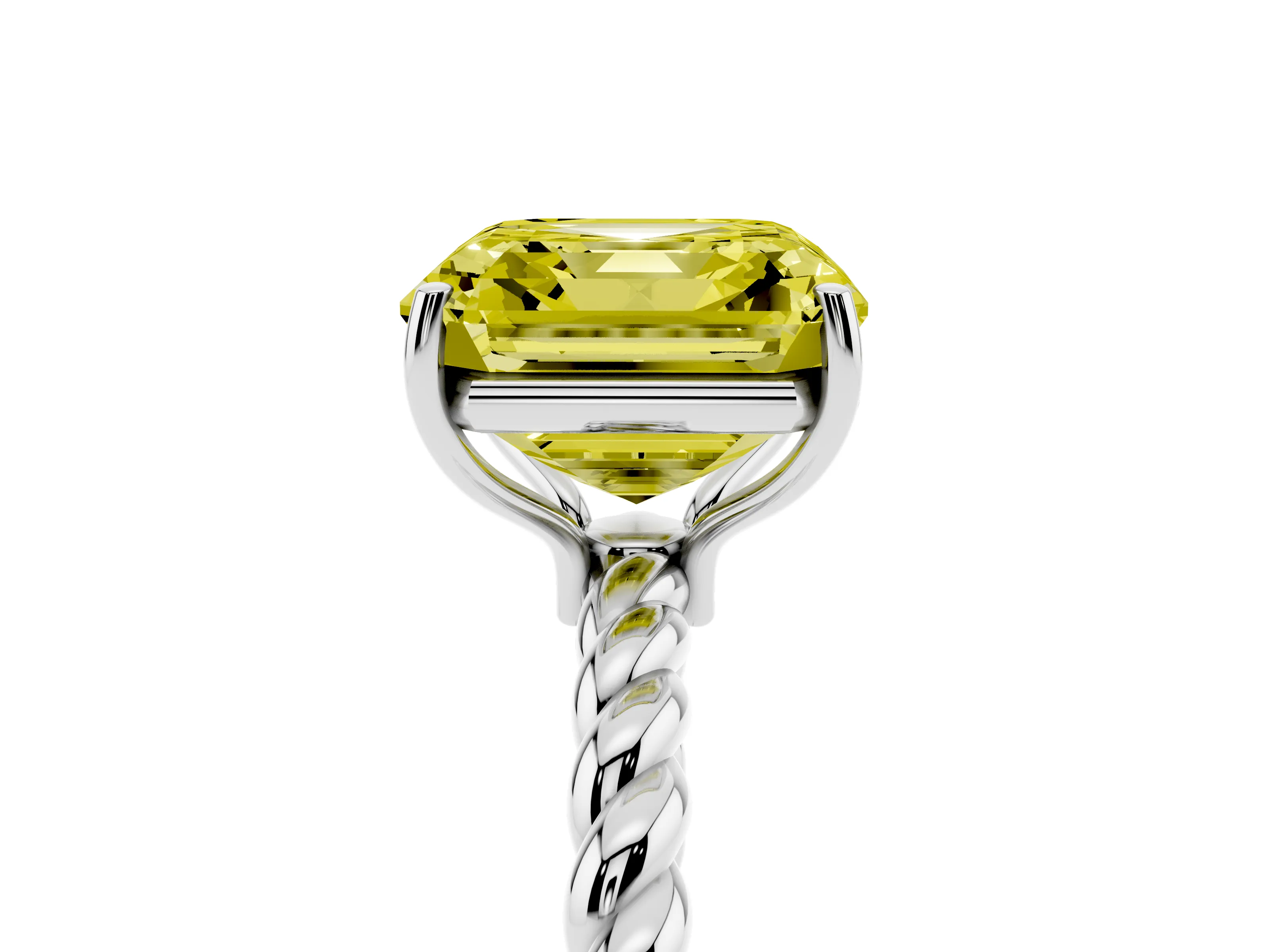Fancy Yellow Asscher Cut Diamond Solitaire Ring Set in White gold with Twist Band and Prong Setting