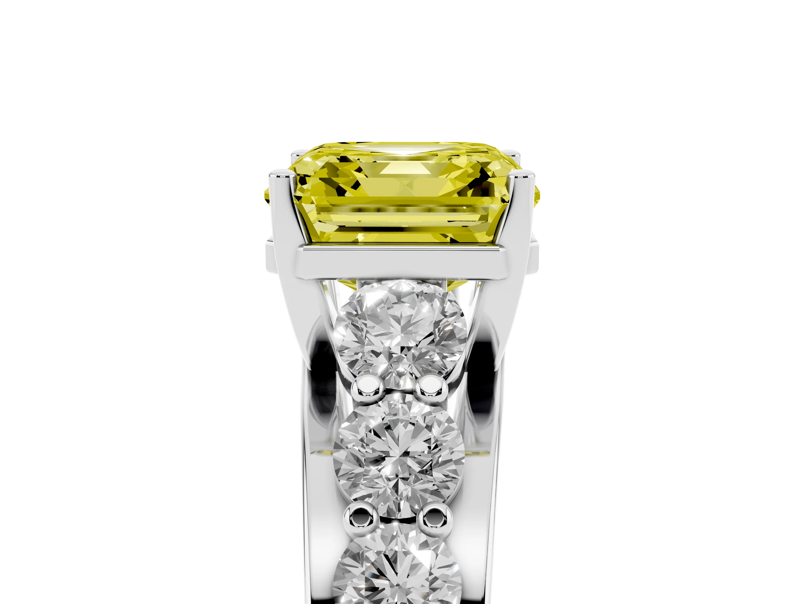 Fancy Yellow Asscher Cut Diamond Pavé Engagement Ring Set in Platinum with Prong Setting