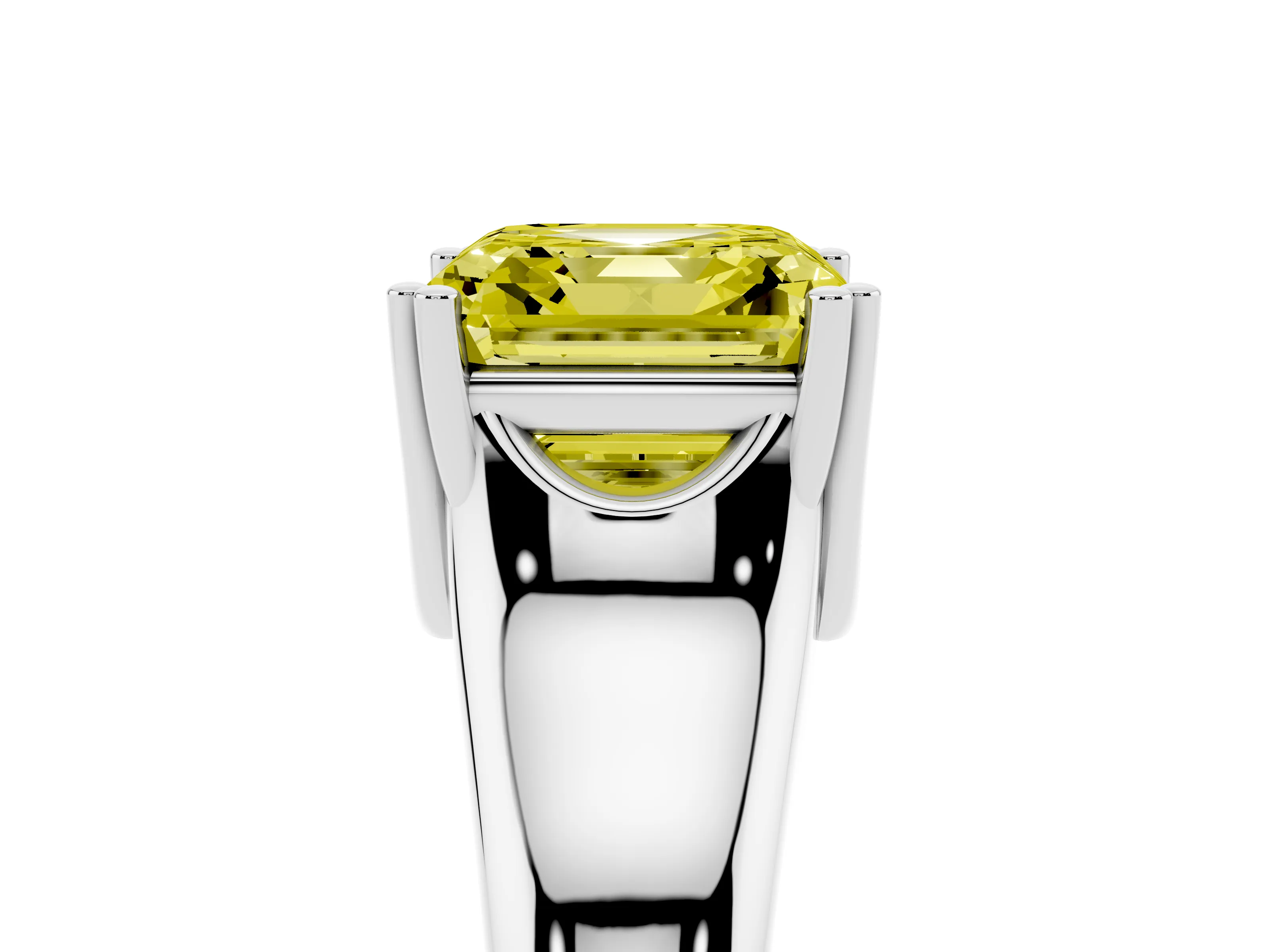 Fancy Yellow Asscher Cut Diamond Solitaire Ring Set in Platinum with Wide Band and Prong Setting