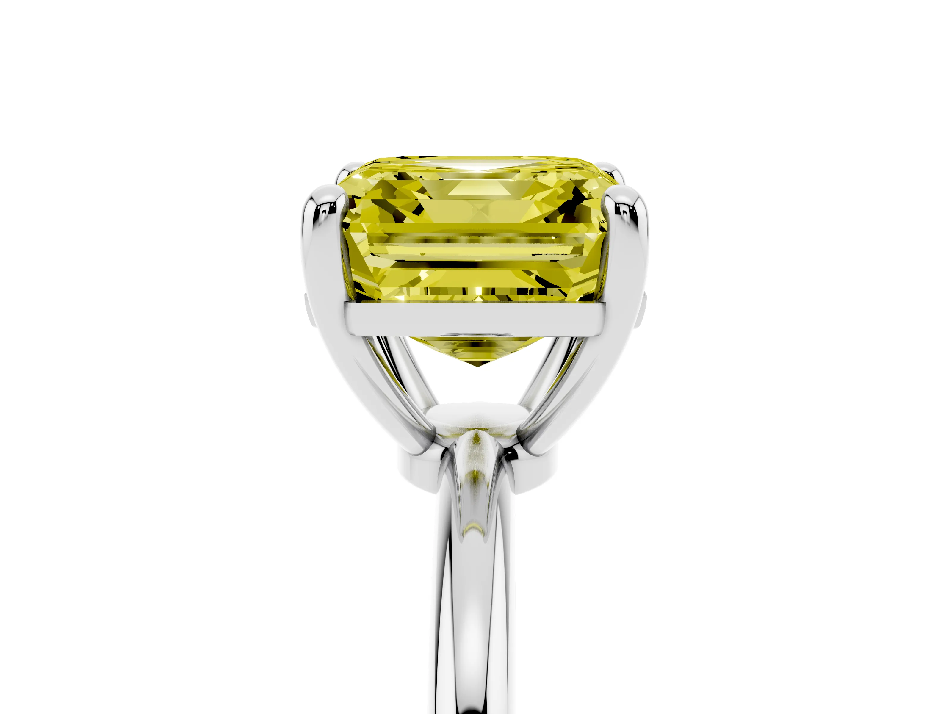 Fancy Yellow Asscher Cut Diamond Solitaire Ring Set in Platinum with Secure Prong Setting on a Classic Band