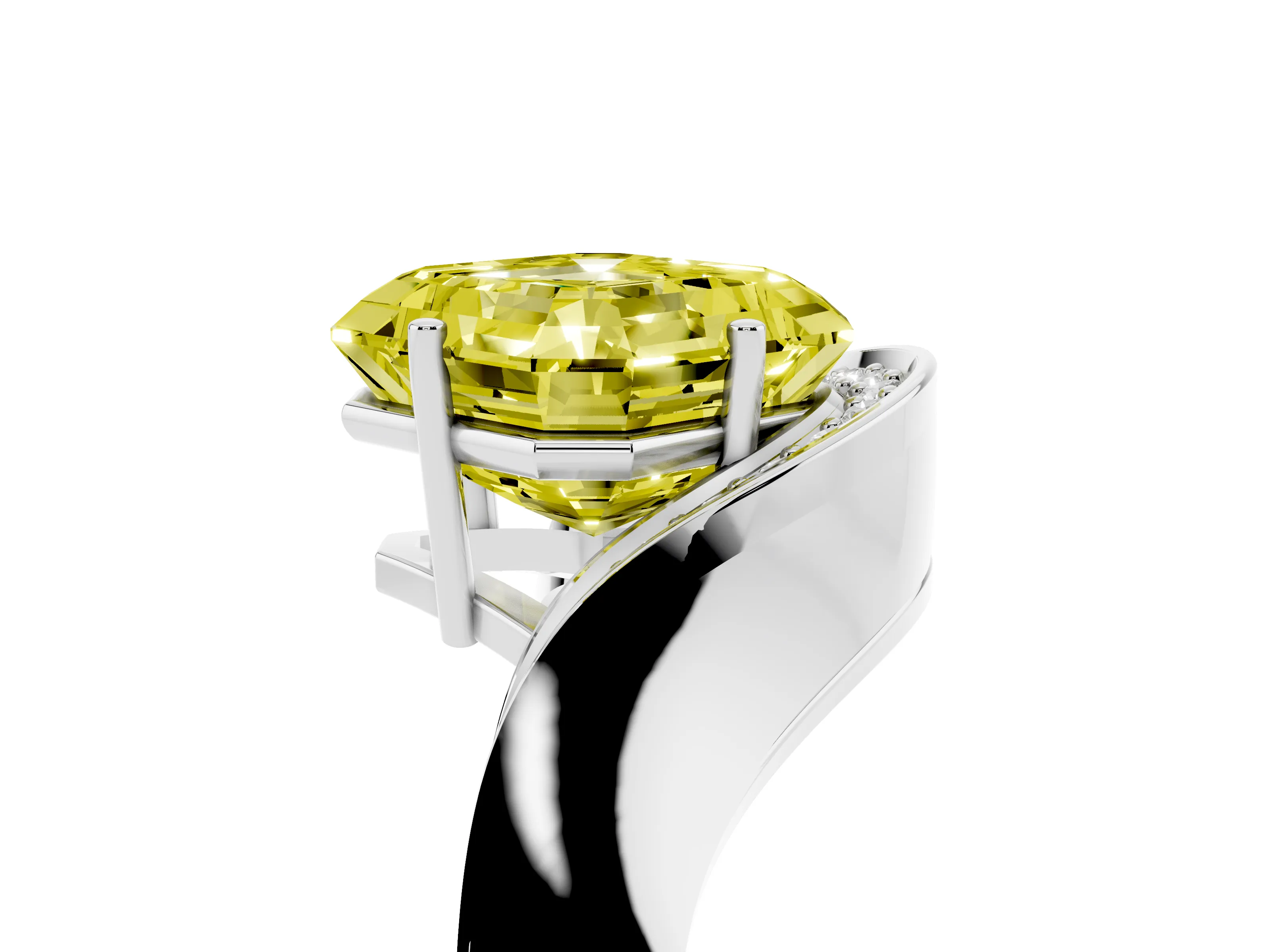 Fancy Yellow Asscher Cut Diamond Solitaire Engagement Ring Set in Silver with Pavé Shoulders