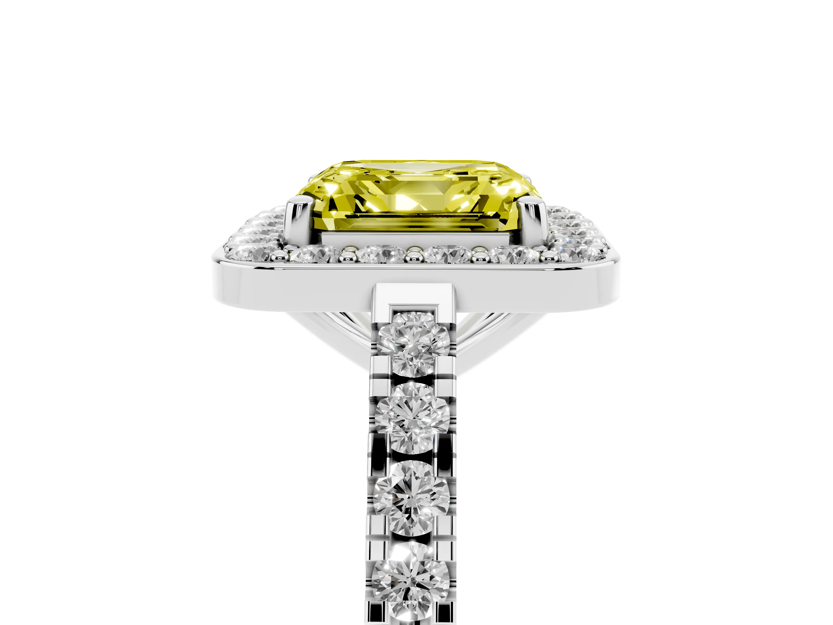 Fancy Yellow Asscher Cut Diamond Halo Ring Set in White gold with Round Pavé Split Shank and Prong Setting