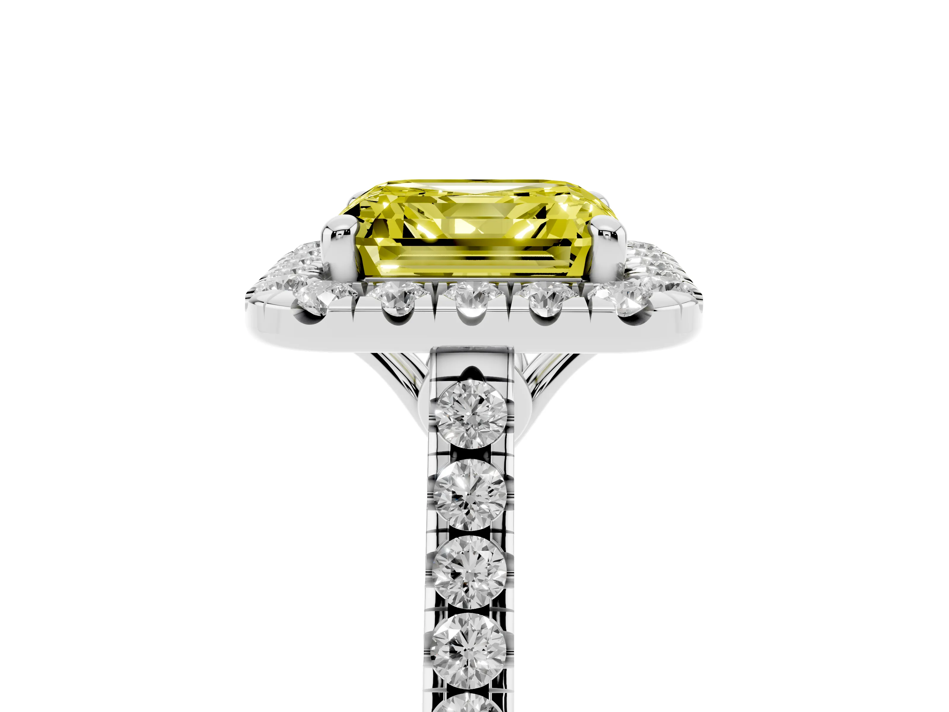 Fancy Yellow Asscher Cut Diamond Pavé Halo Engagement Ring Set in White gold with Pavé Band and Prong Setting