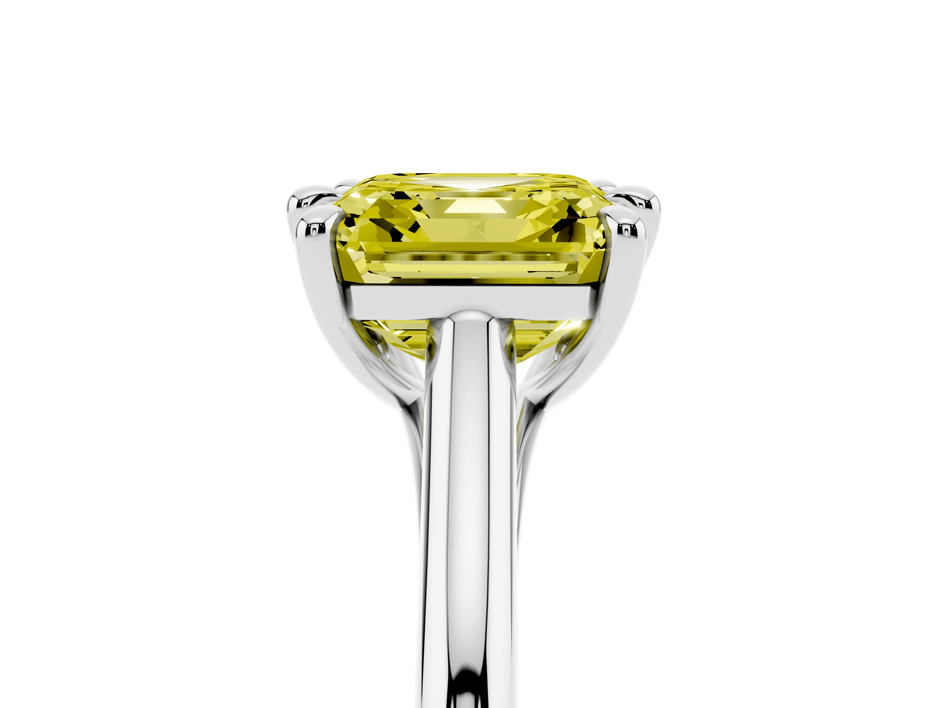 Fancy Yellow Asscher Cut Diamond Solitaire Engagement Ring Set in Platinum with Prong Setting and Plain Classic Band