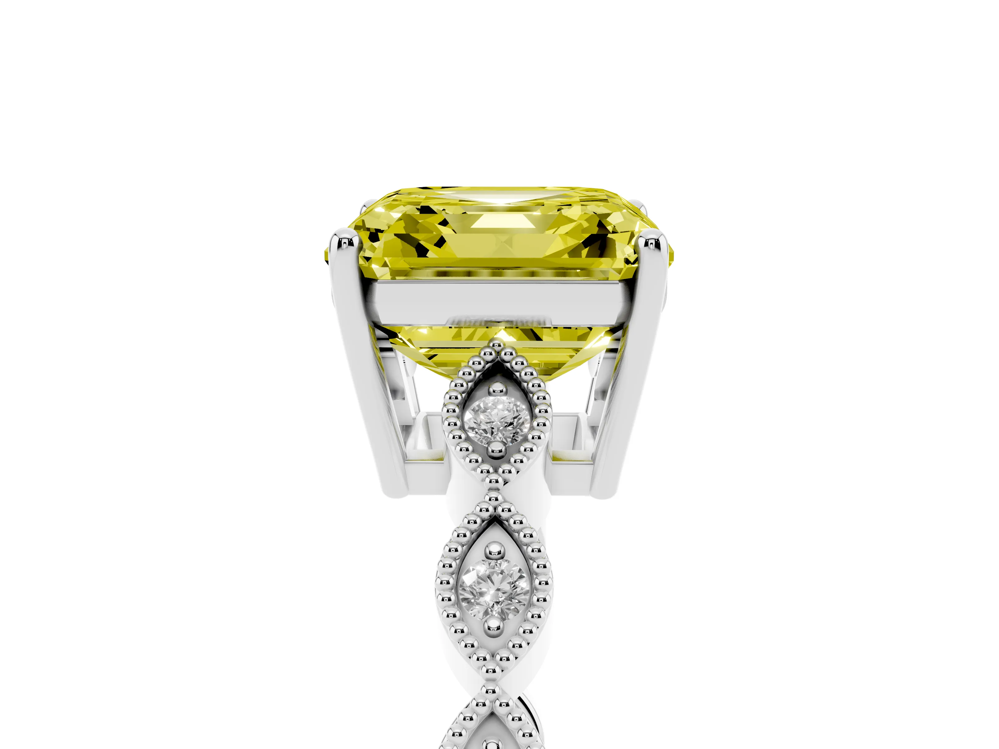 Fancy Yellow Asscher Cut Diamond Solitaire Ring Set in White gold with Infinity Twist Pavé Band