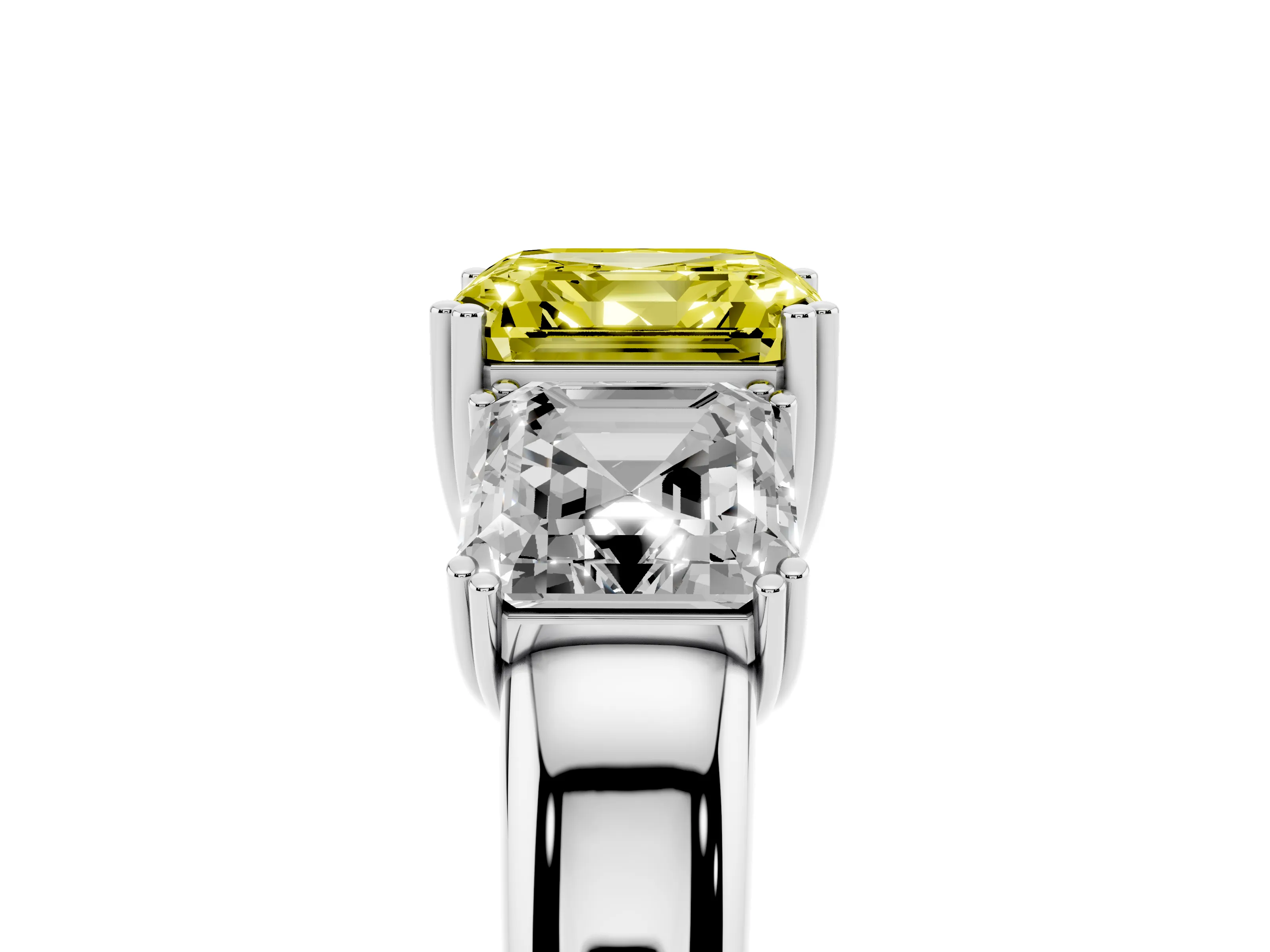 Fancy Yellow Asscher Cut Diamond Three-Stone Ring Set in Silver with Polished Band and Prong Setting