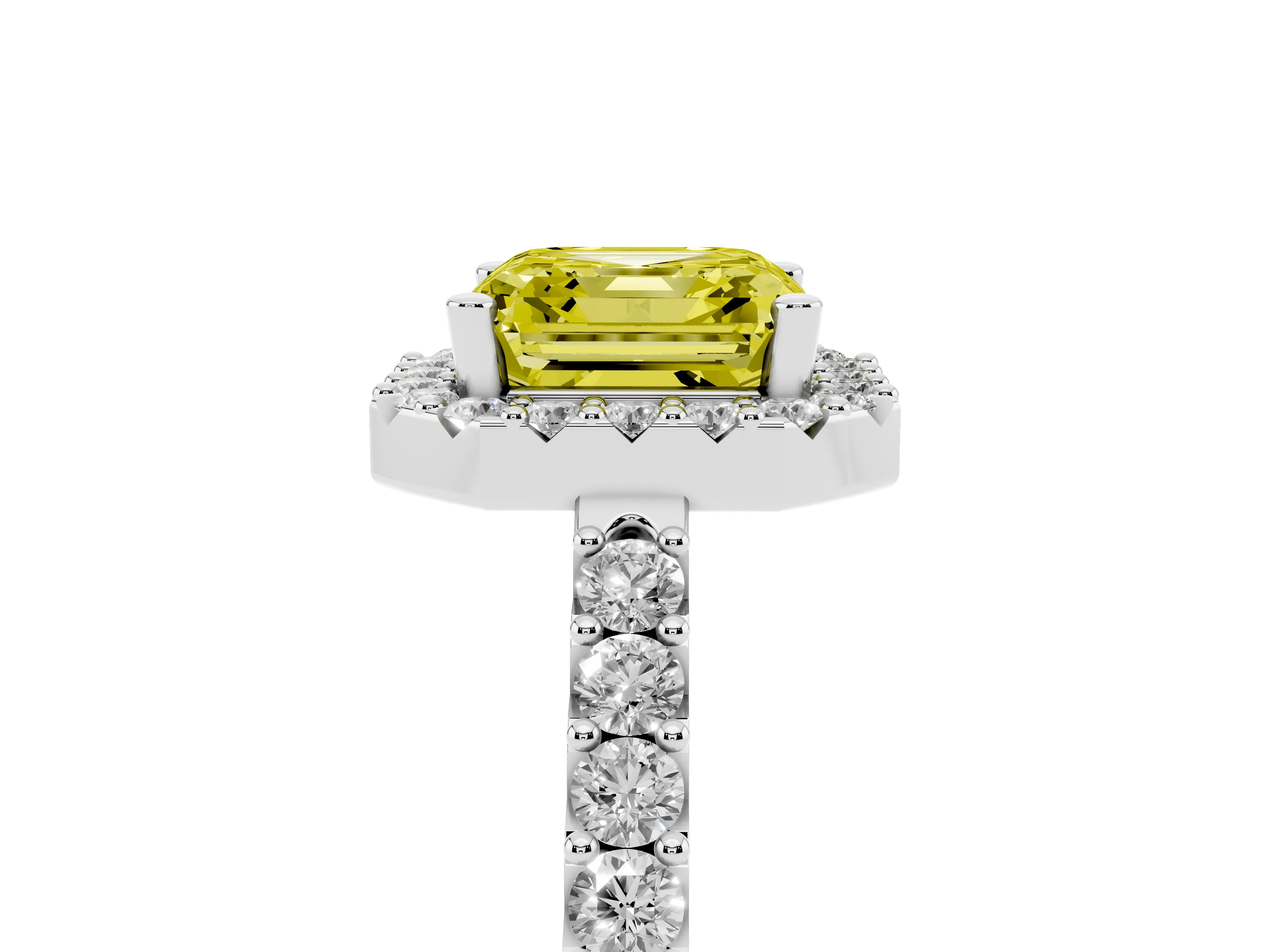 Fancy Yellow Asscher Cut Diamond Halo Pavé Solitaire Ring Set in Platinum with Prong-Set Center Stone