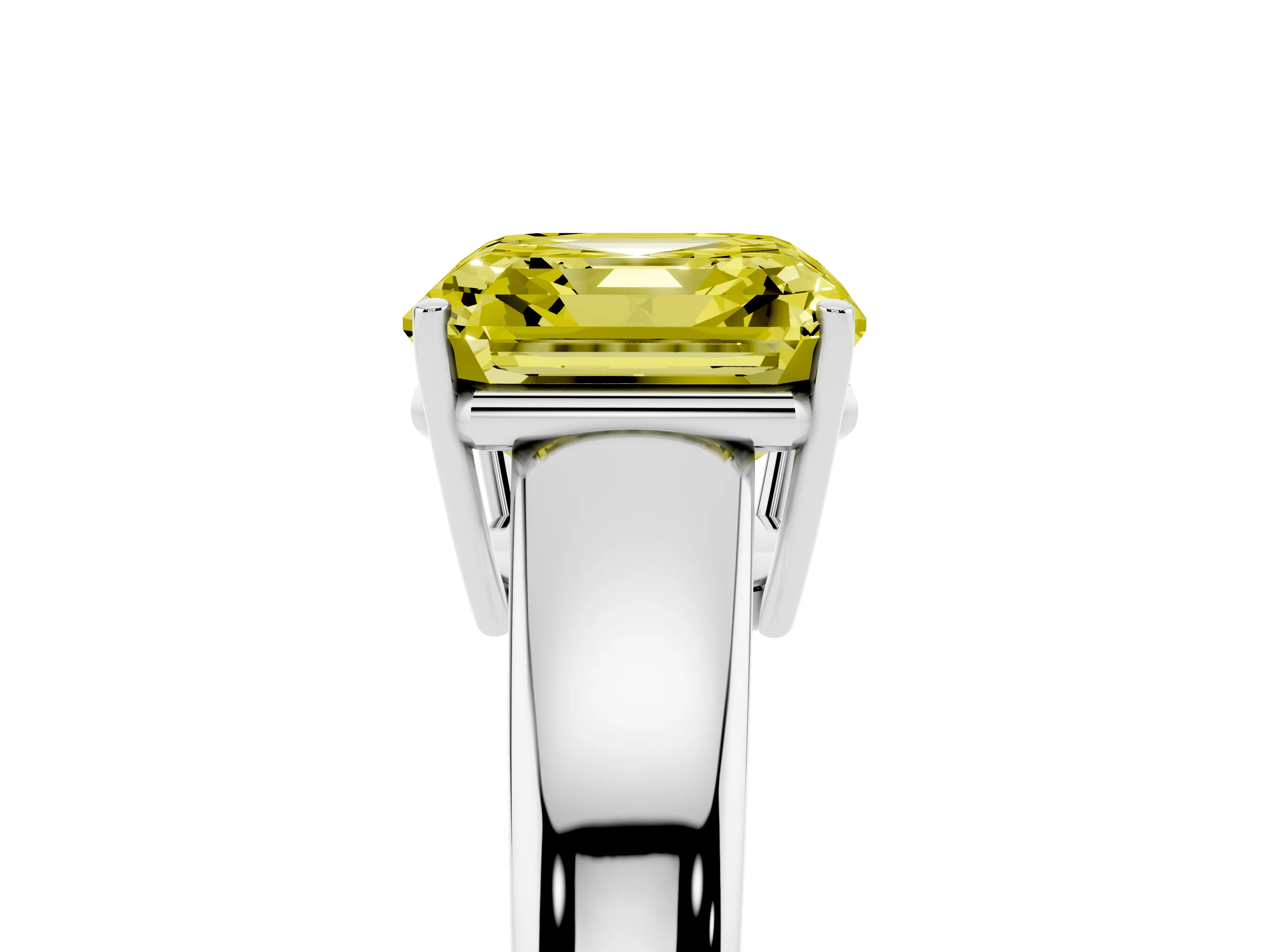 Fancy Yellow Asscher Cut Diamond Solitaire Ring Set in White gold with Tapered Band and Prong Setting