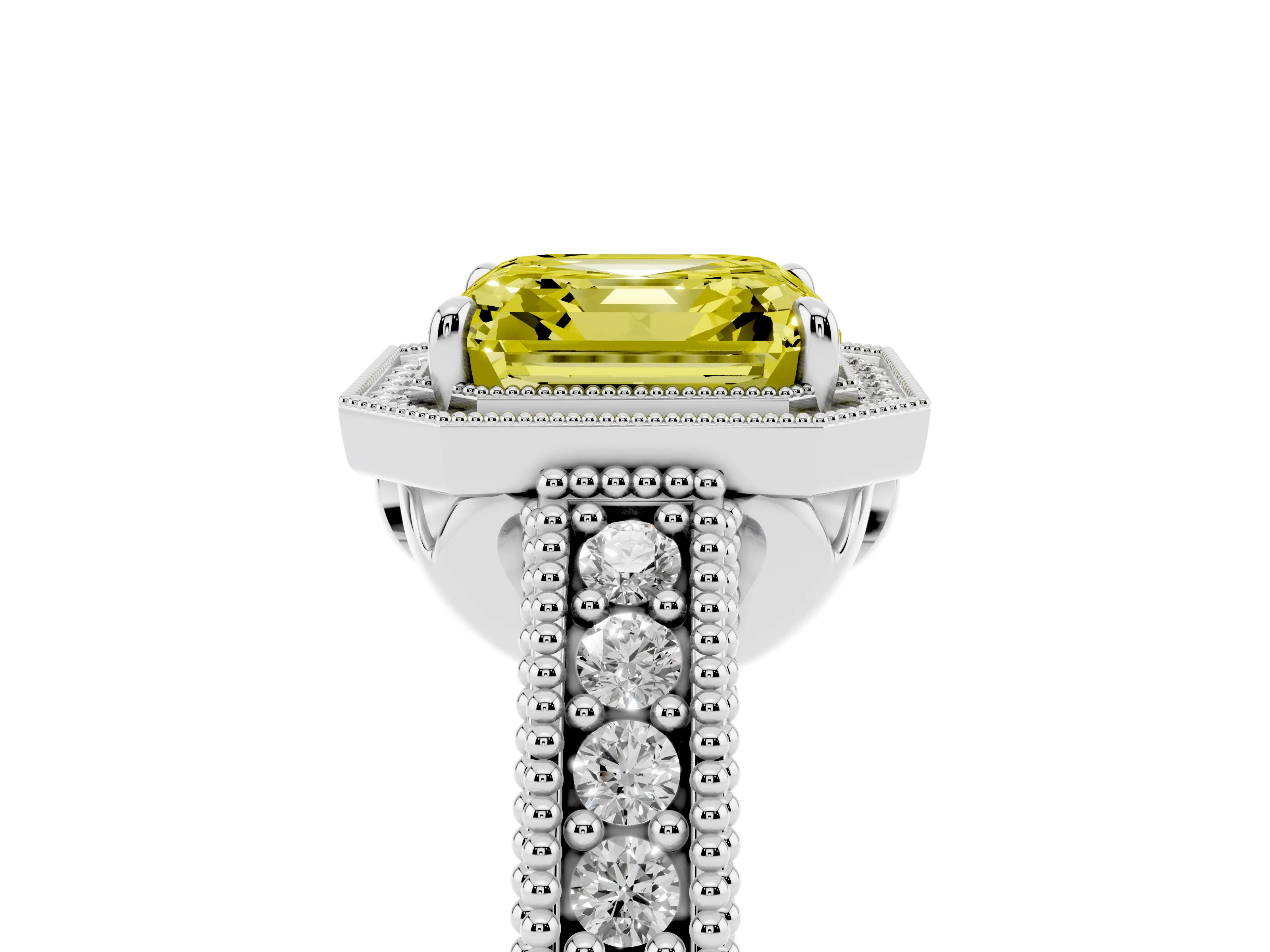 Fancy Yellow Asscher Cut Diamond Halo Ring Set in White gold with Round Accent Halo, Pavé Band and Prong Setting
