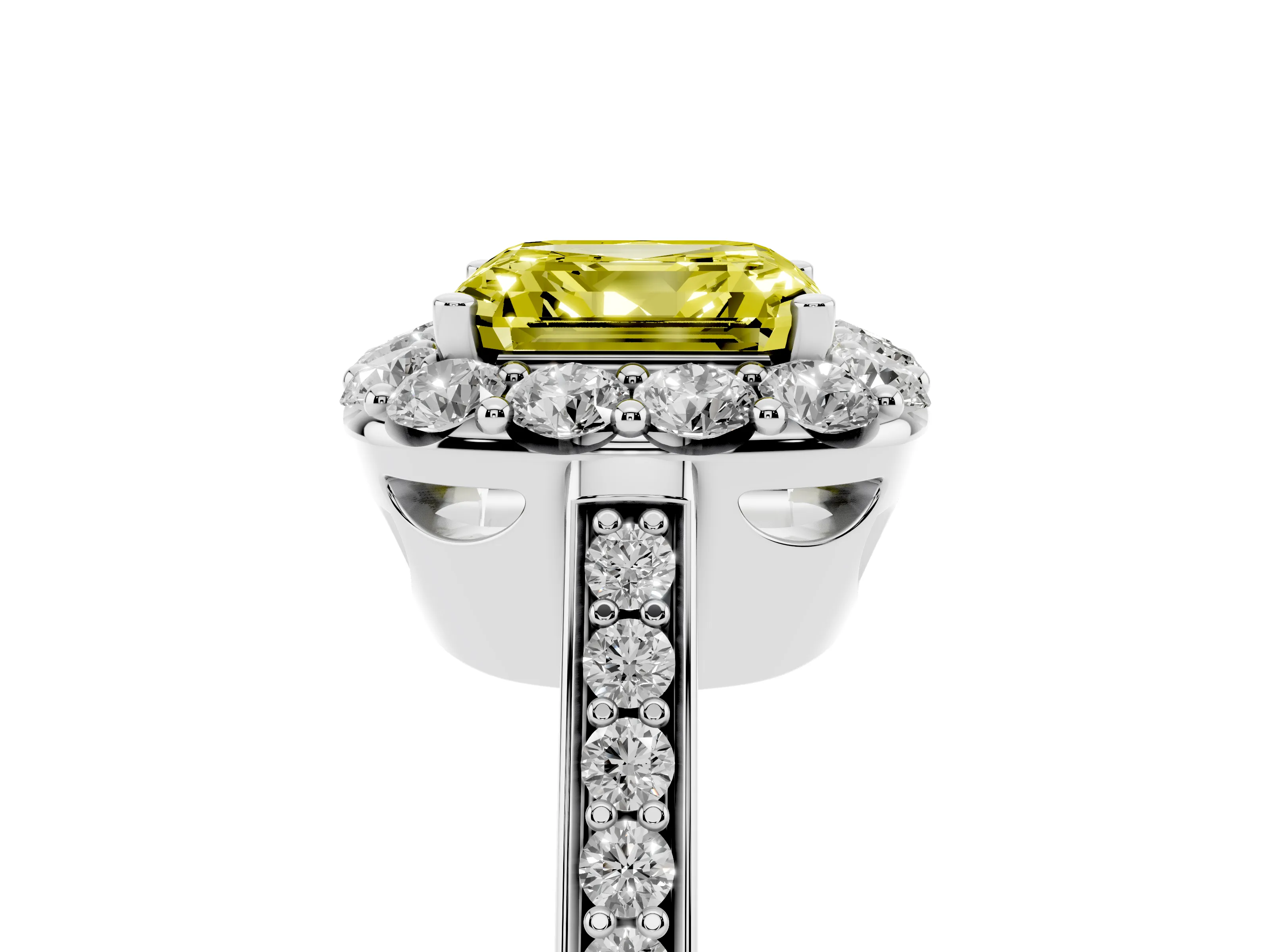 Fancy Yellow Asscher Cut Diamond Floral Halo Ring Set in White gold with Pavé Band and Prong Setting