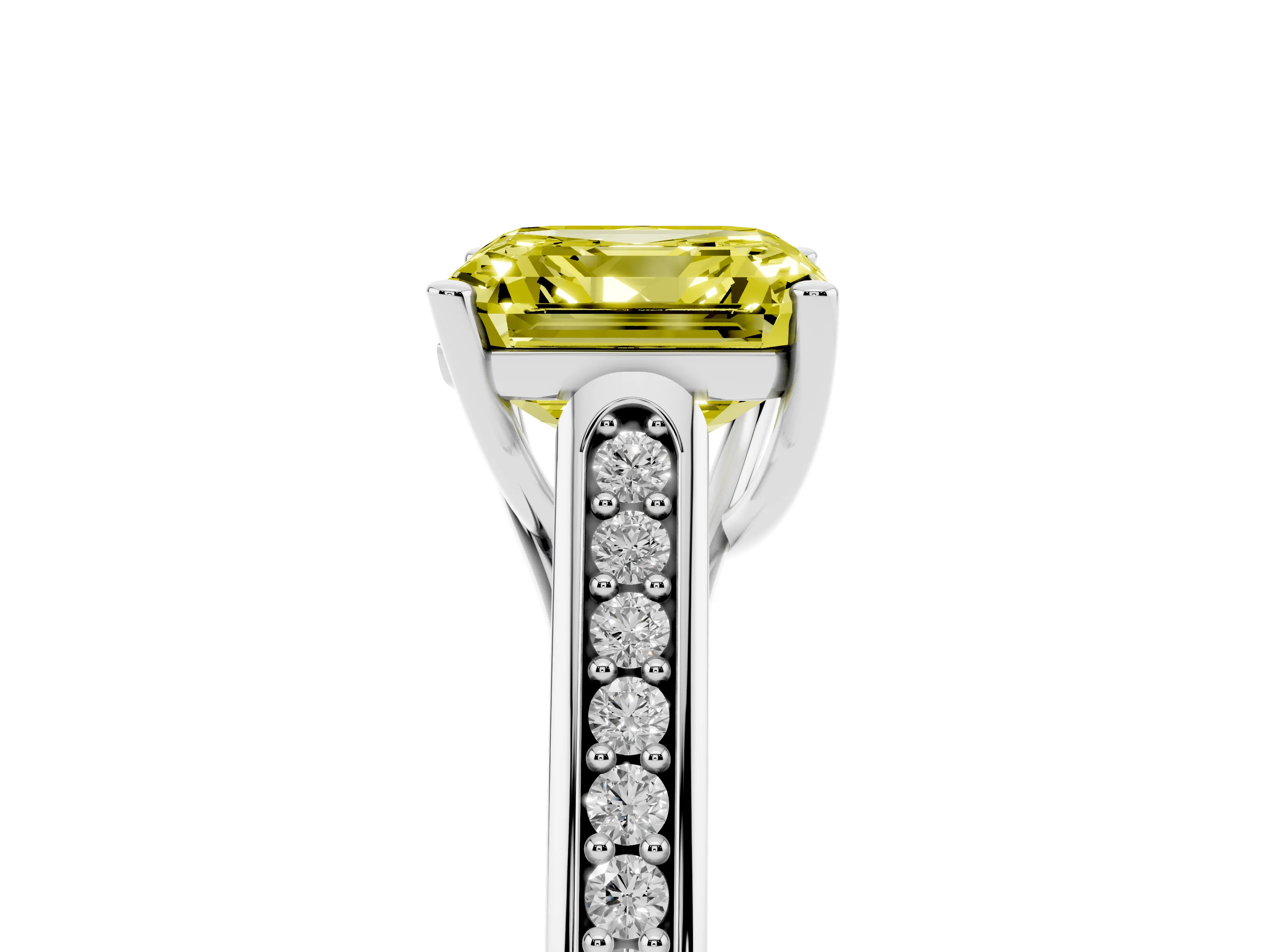 Fancy Yellow Asscher Cut Diamond Solitaire Cathedral Engagement Ring Set in White gold with Channel-Set Band and Prong Setting