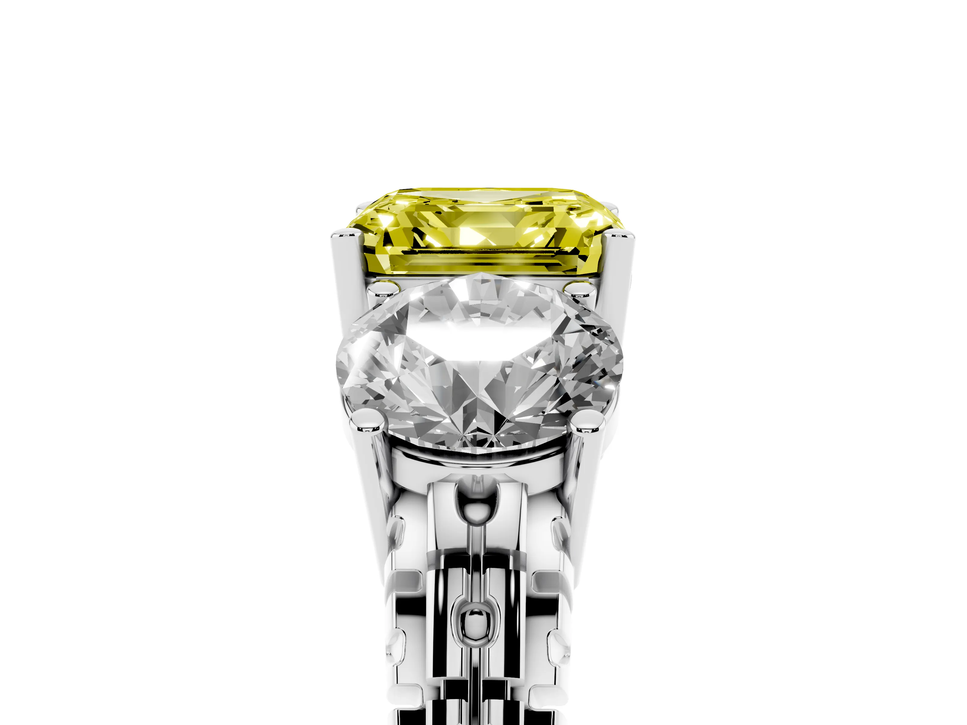 Fancy Yellow Asscher Cut Diamond Three-Stone Ring Set in Platinum with Channel-Set Accent Band