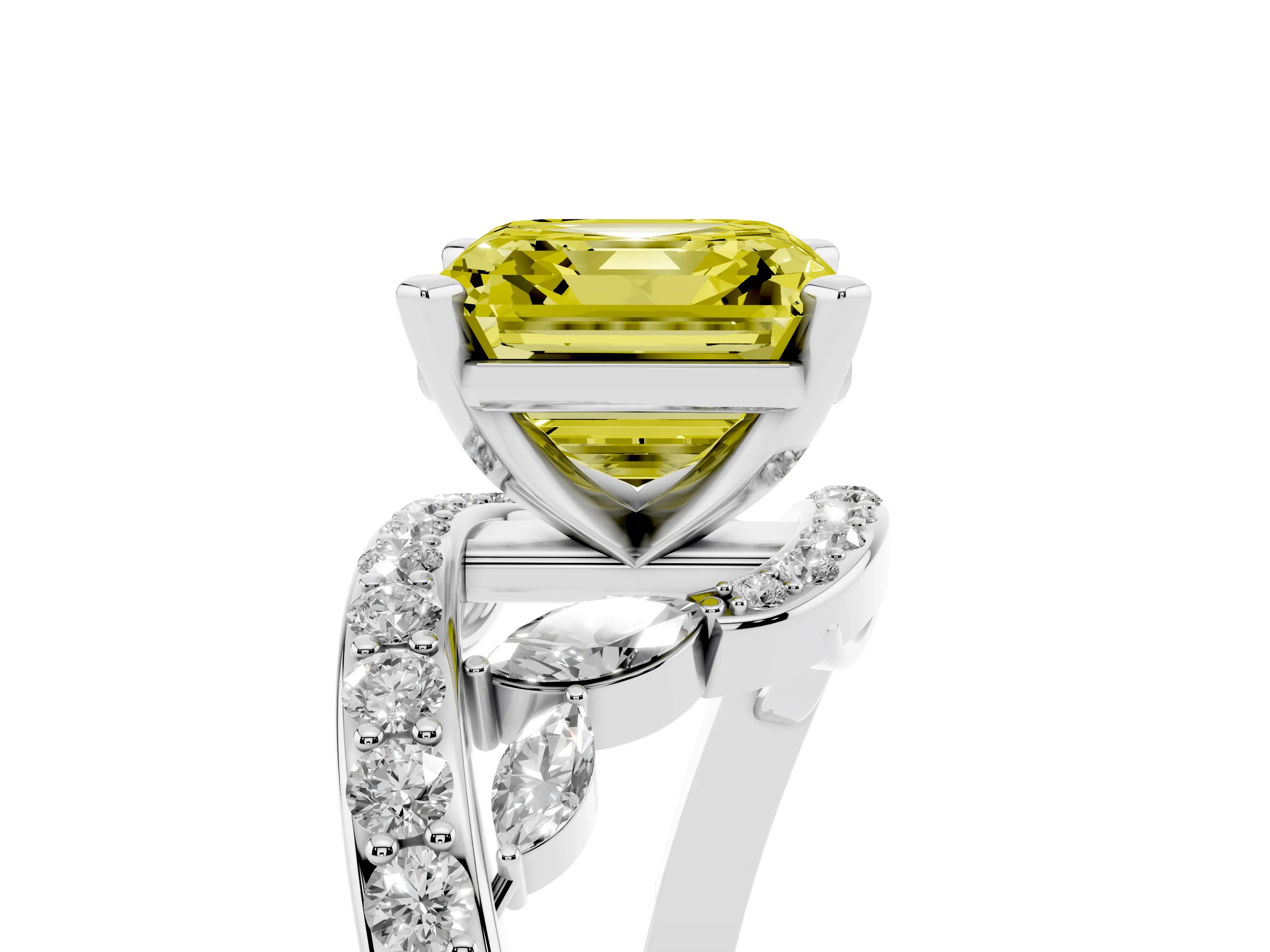 Fancy Yellow Asscher Cut Diamond Solitaire Ring Set in Silver with Pavé Twist Band and Secure Prong Setting