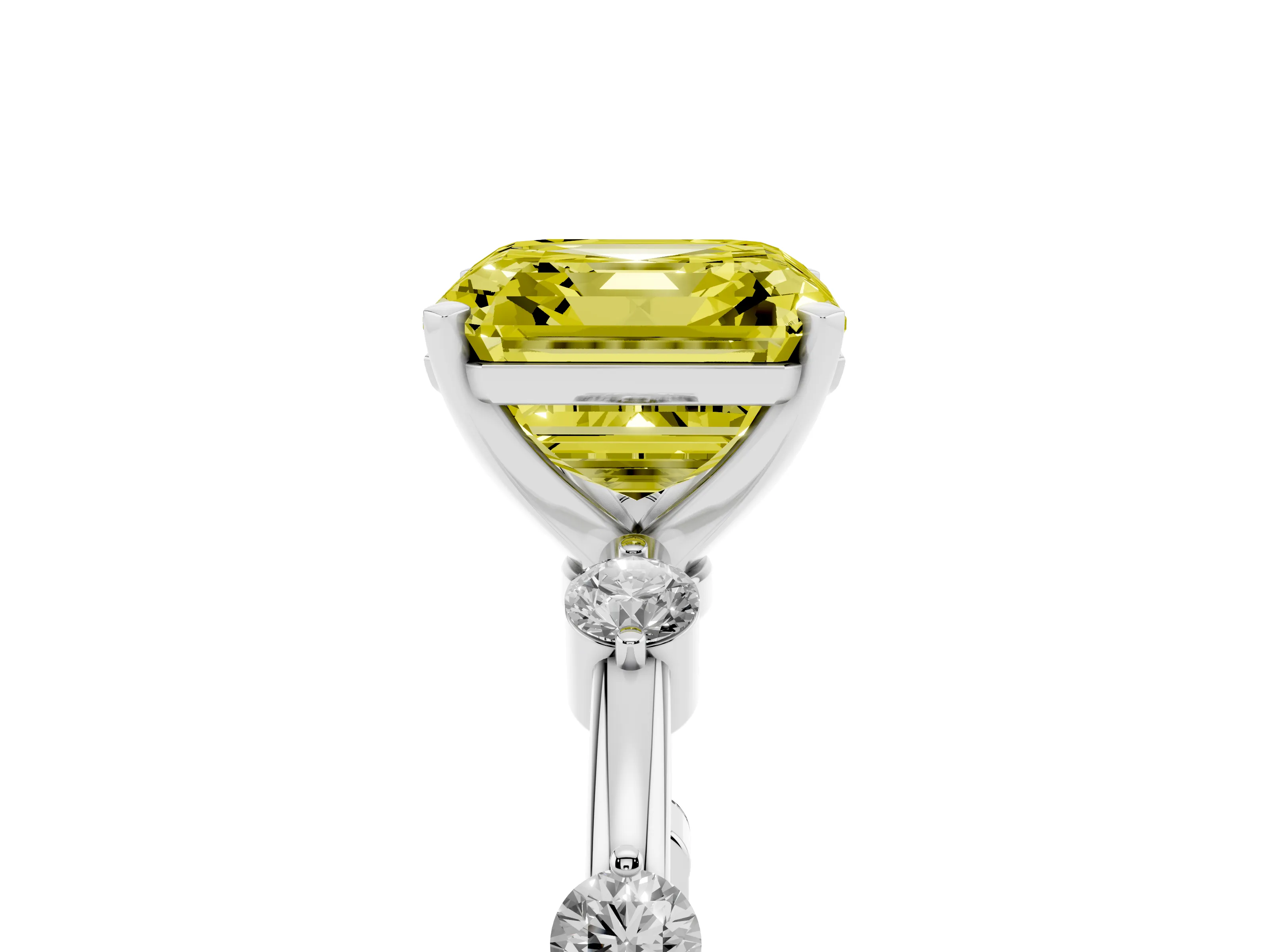 Fancy Yellow Asscher Cut Diamond Solitaire Ring Set in Silver with Bezel Set Side Stones and Prong Setting