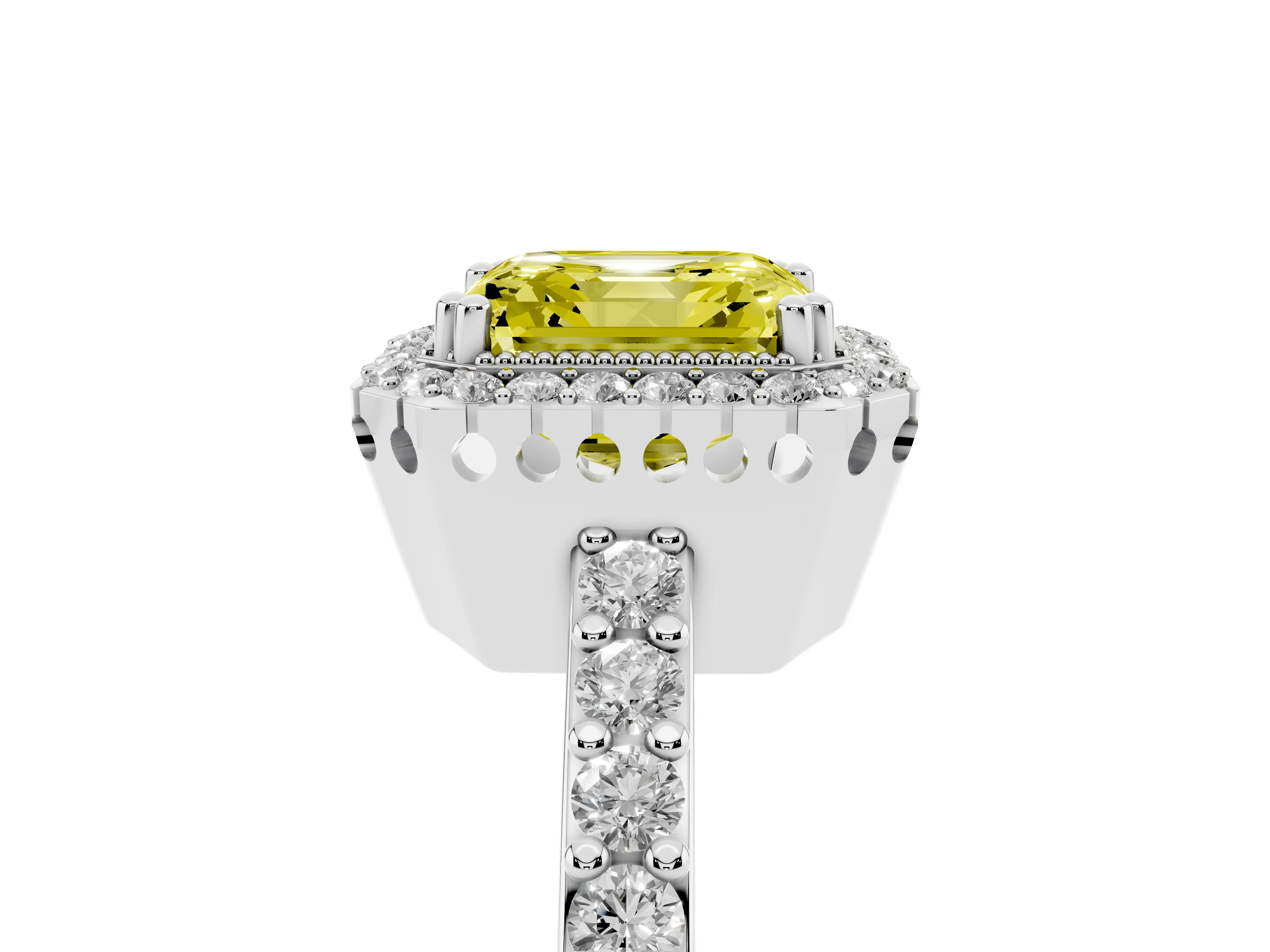 Fancy Yellow Asscher Cut Diamond Halo Engagement Ring Set in White gold with Milgrain Detail and Pavé Band