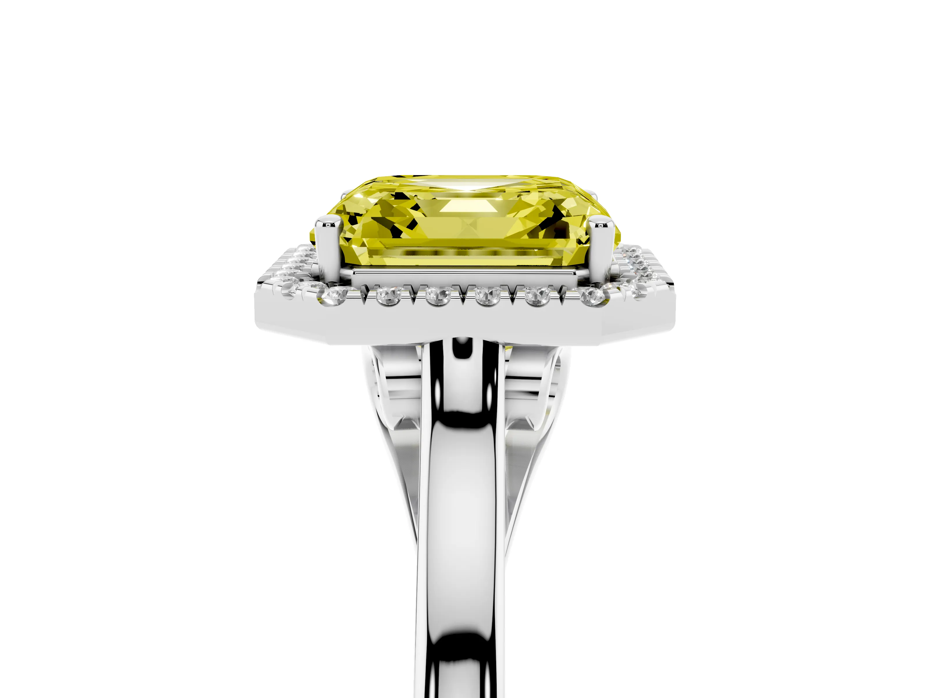 Fancy Yellow Asscher Cut Halo Round Diamond Solitaire Ring Set in Silver with Pavé Band and Prong Setting
