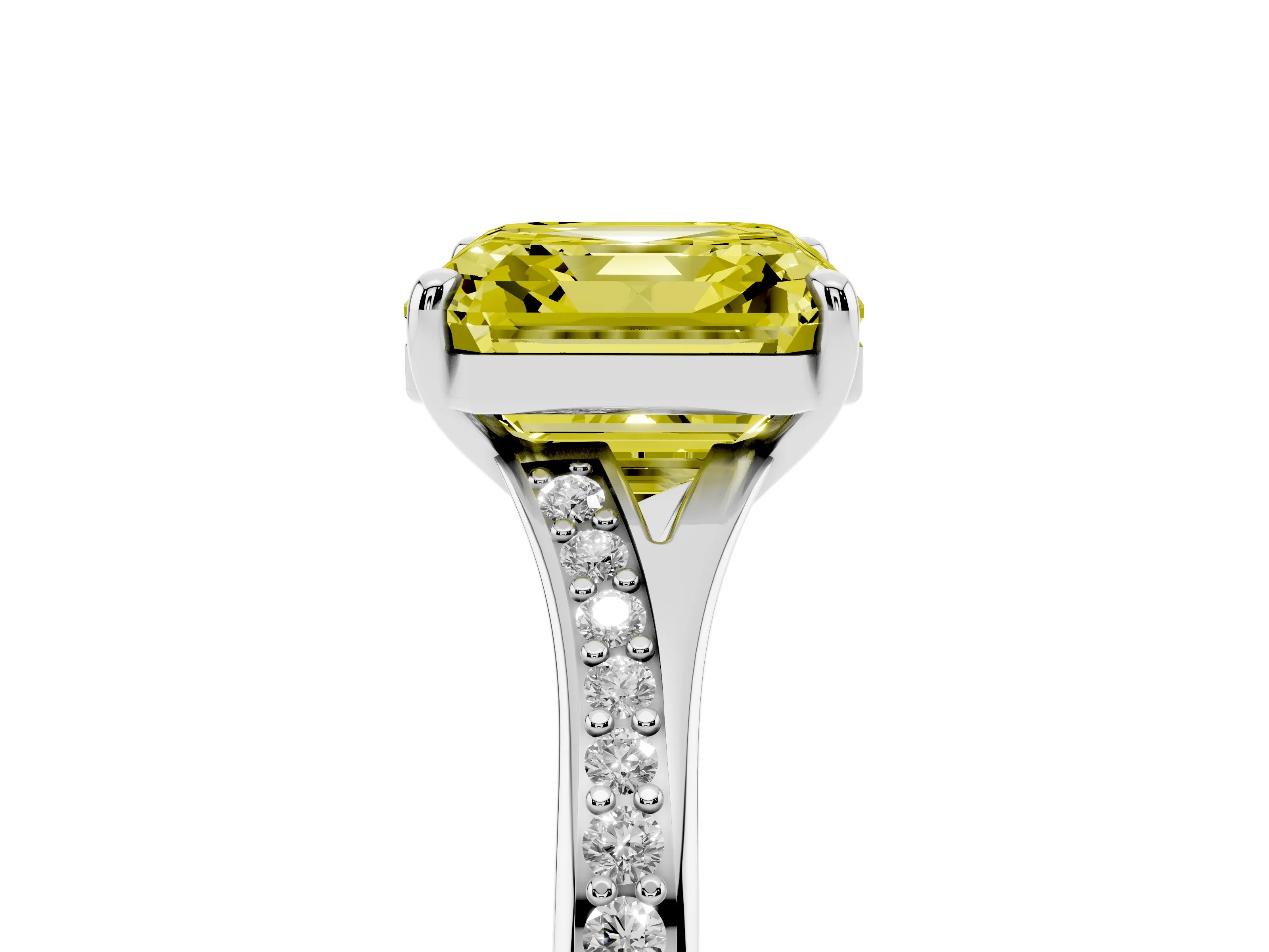 Fancy Yellow Asscher Cut Diamond Solitaire Ring Set in Platinum with Pavé Accent Band and Classic Prong Setting