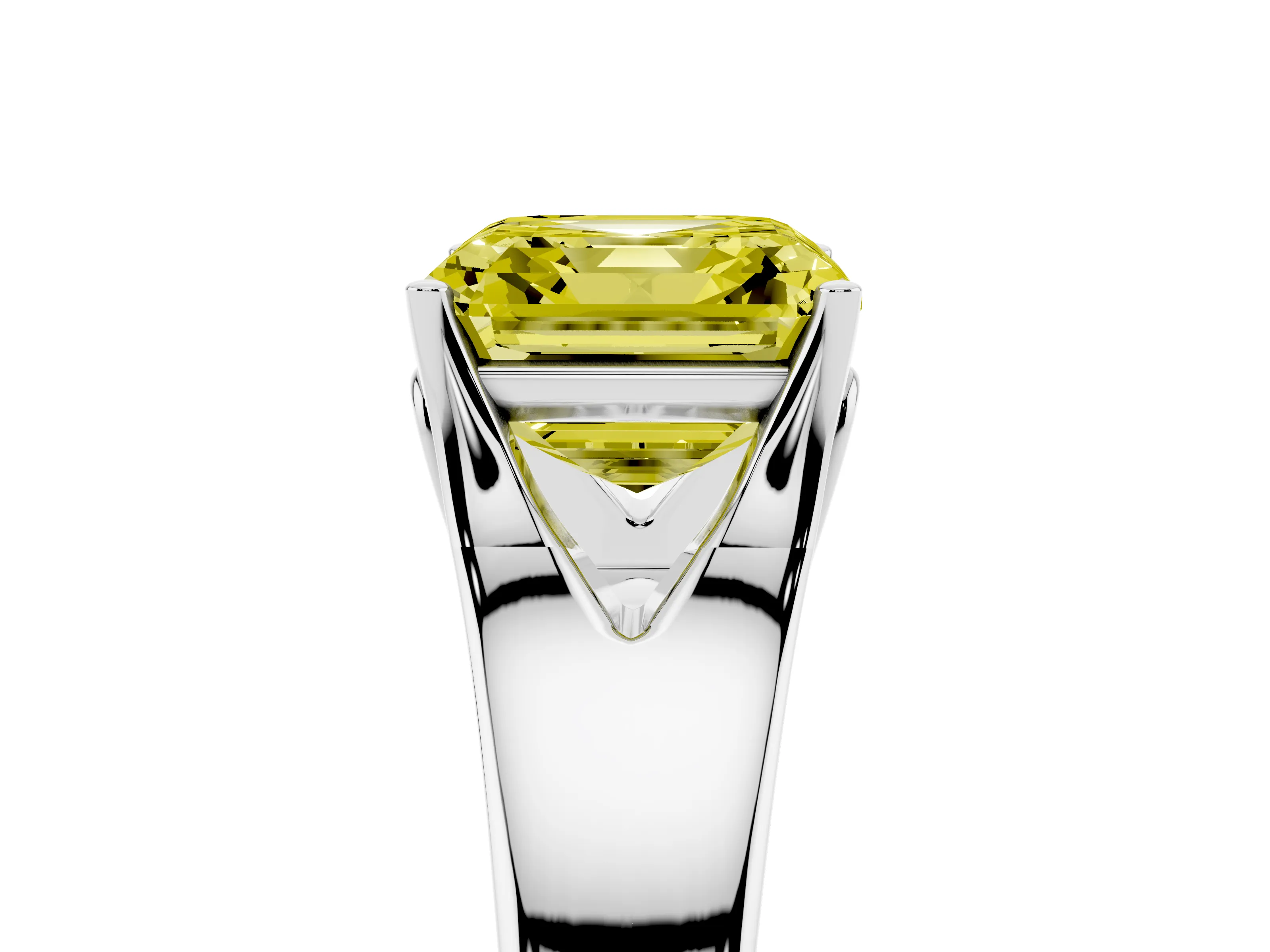 Fancy Yellow Asscher Cut Diamond Solitaire Ring Set in Platinum with Arched Cathedral Band and Prong Setting