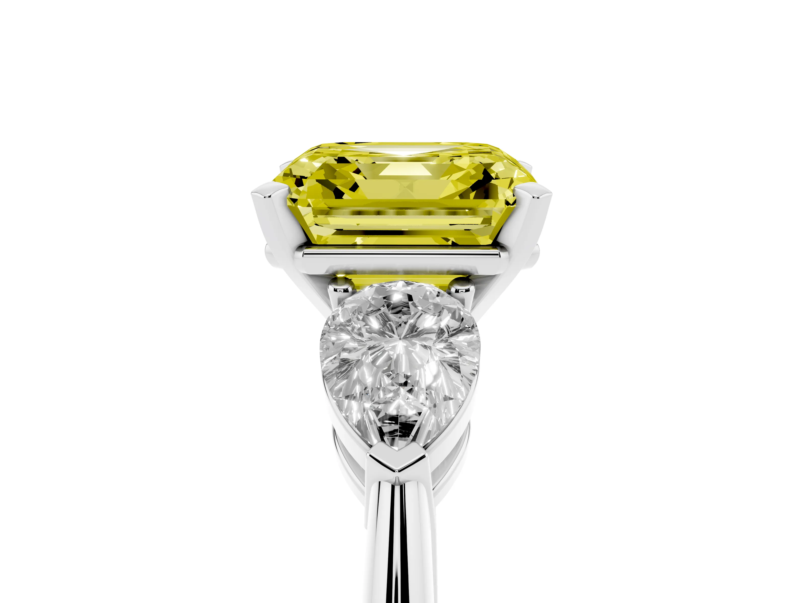 Fancy Yellow Three-Stone Asscher Cut Diamond Ring Set in White gold with Pear Side Stones and Prong Setting