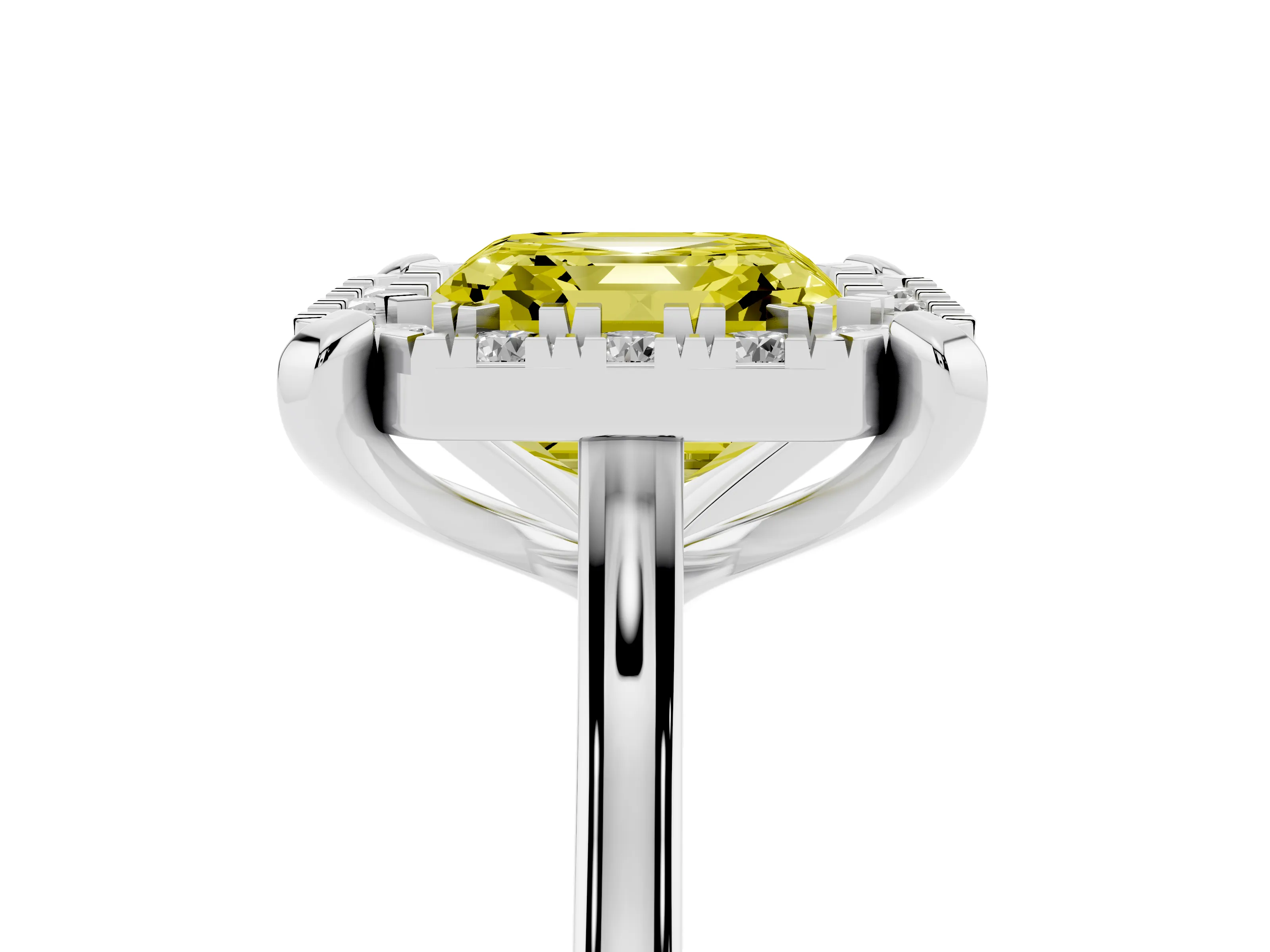 Fancy Yellow Asscher Cut Diamond Cluster Halo Solitaire Ring Set in Silver with Prong Setting