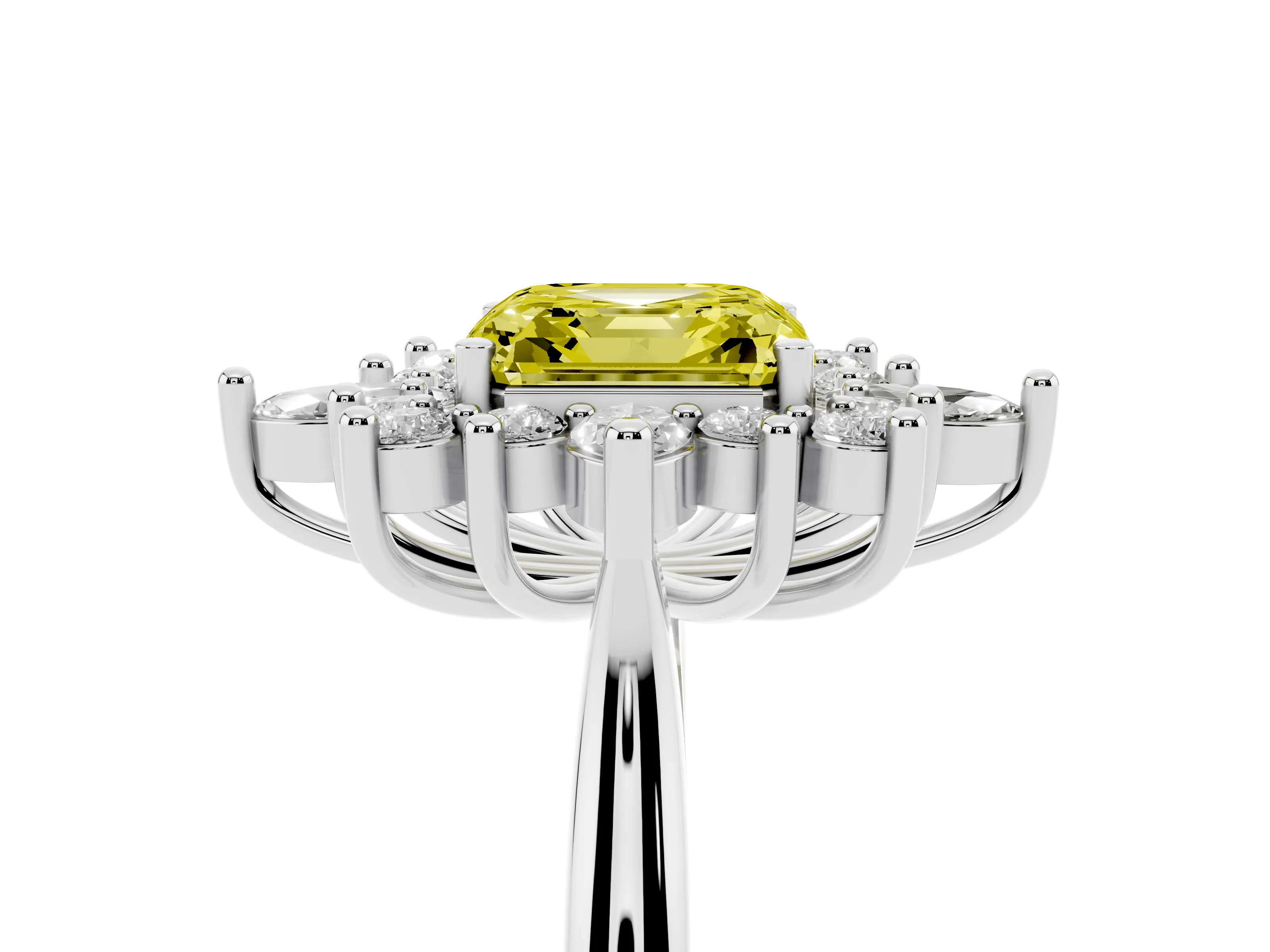 Fancy Yellow Asscher Cut Diamond Cluster Halo Ring Set in White gold with Marquise and Round Accents