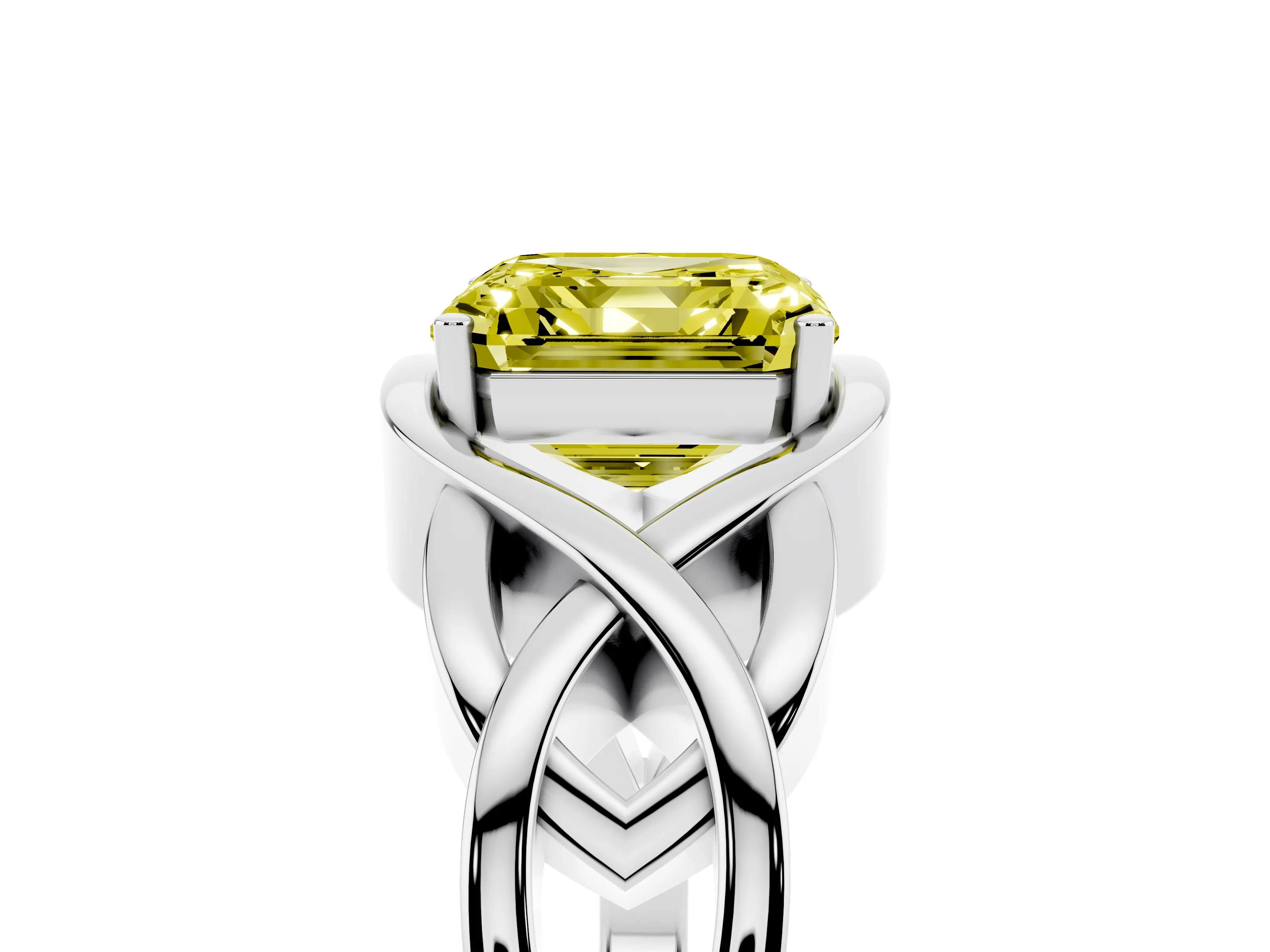 Fancy Yellow Asscher Cut Diamond Solitaire Ring Set in Silver with Intertwined Band