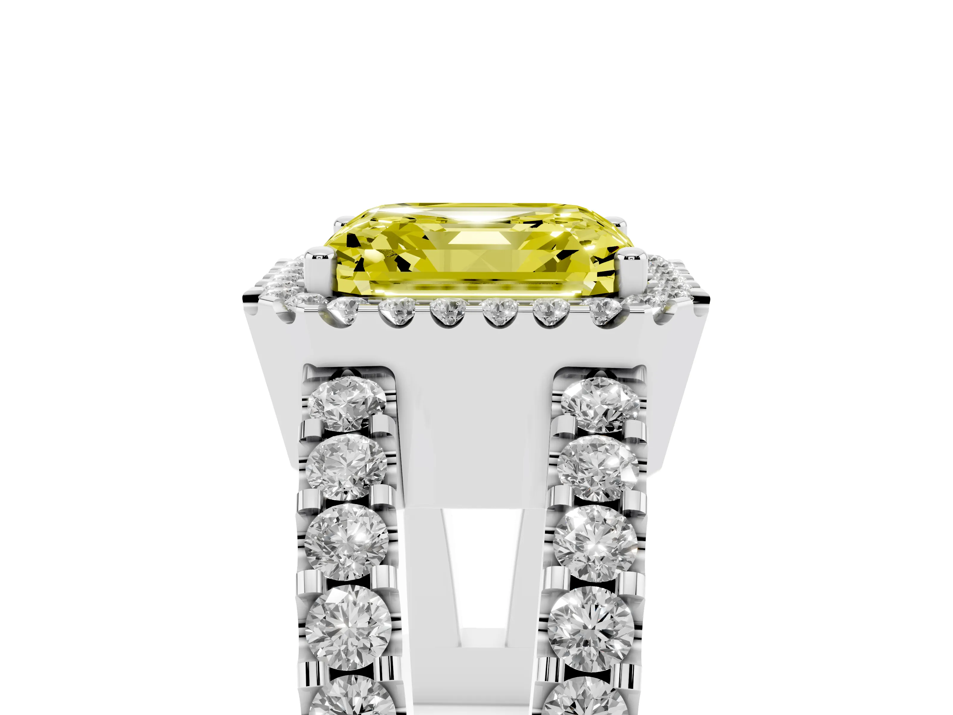 Fancy Yellow Asscher Cut Diamond Halo Ring Set in Platinum with Pavé Split Shank and Prong Setting
