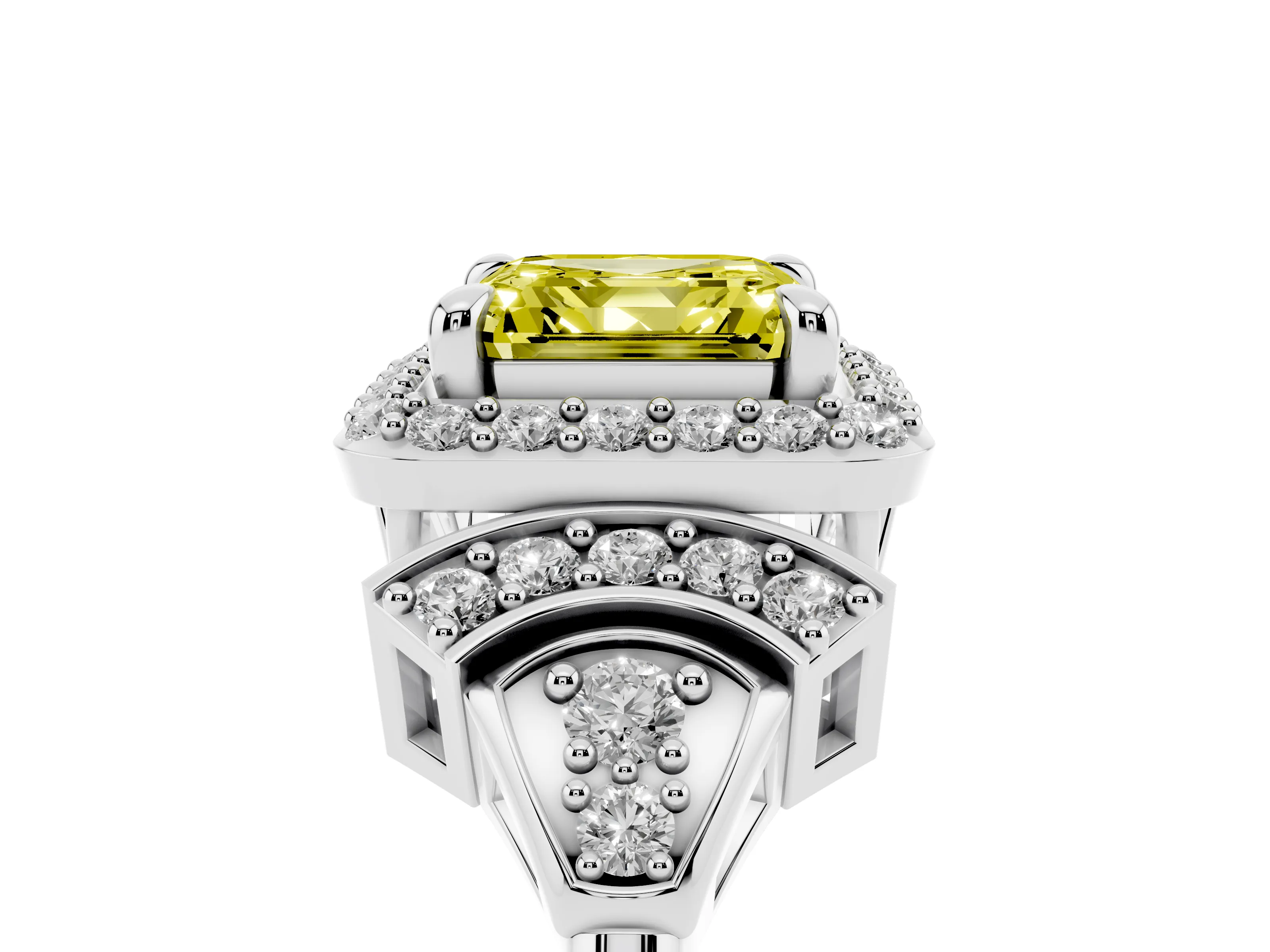 Fancy Yellow Asscher Cut Diamond Halo Engagement Ring Set in Platinum with Accent Stone Split Shank