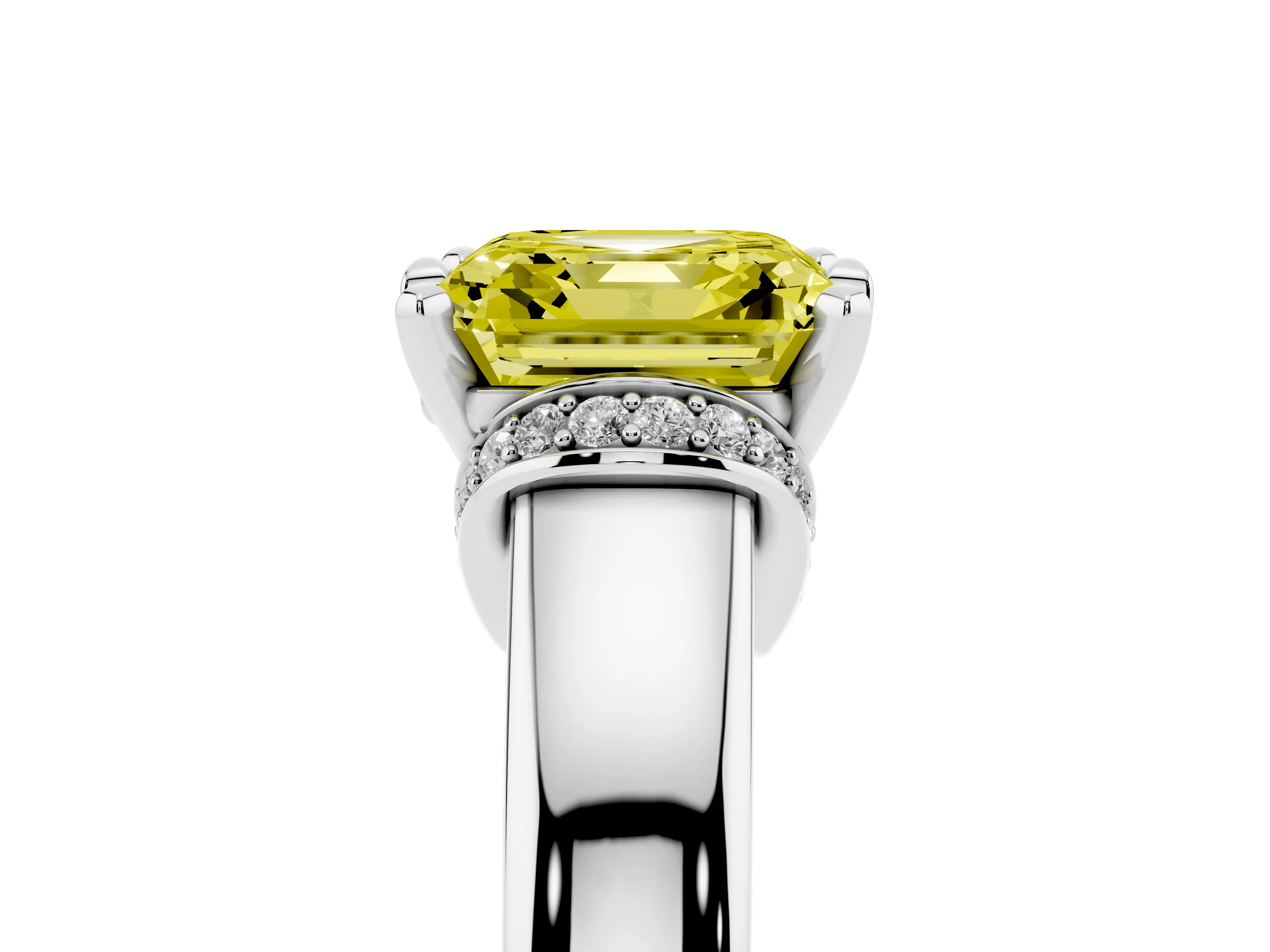 Fancy Yellow Asscher Cut Diamond Pavé Band Solitaire Ring Set in Silver with Prong Setting