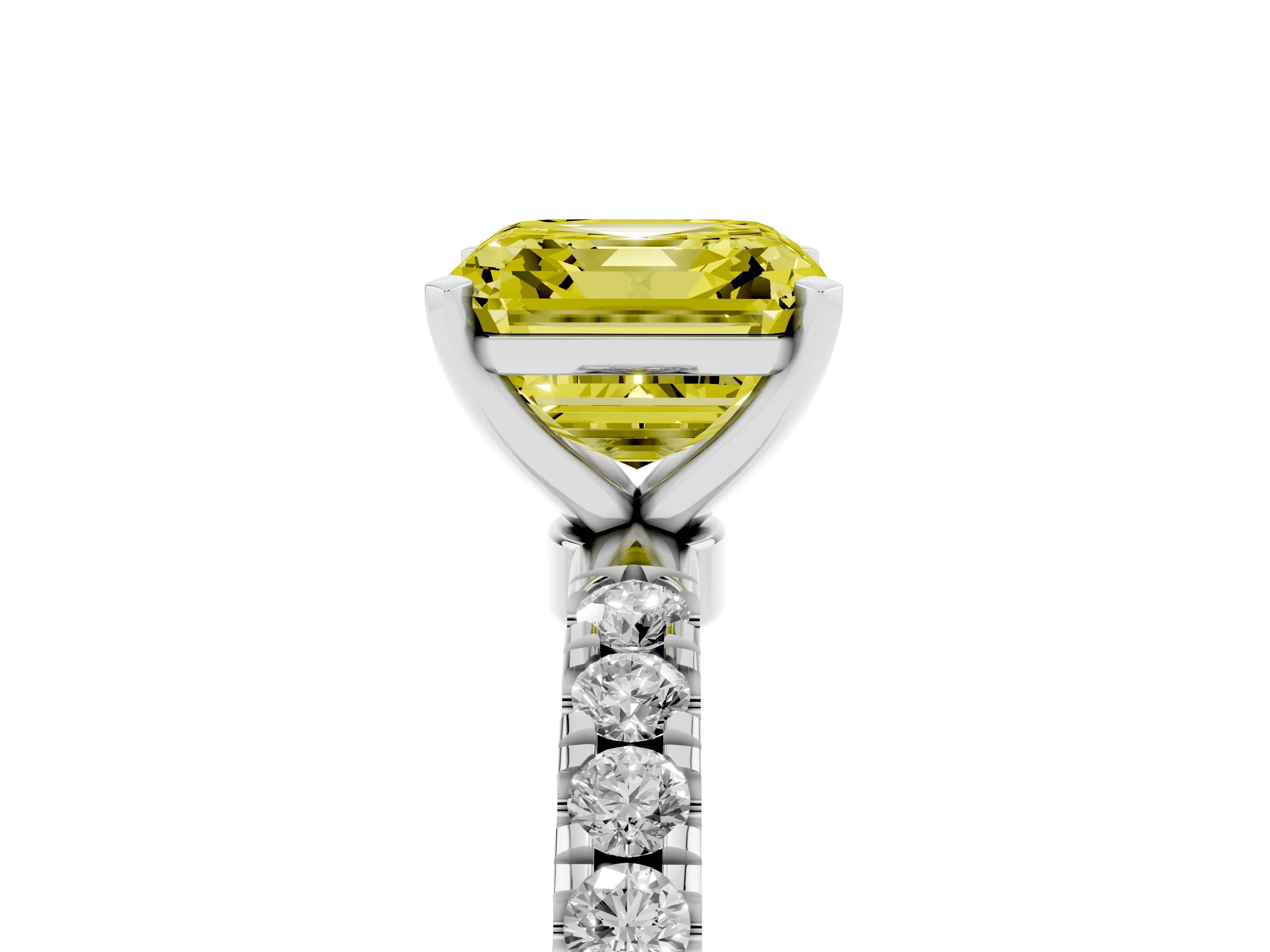 Fancy Yellow Asscher Cut Diamond Solitaire Ring Set in Platinum with Pavé Accents and Prong Setting