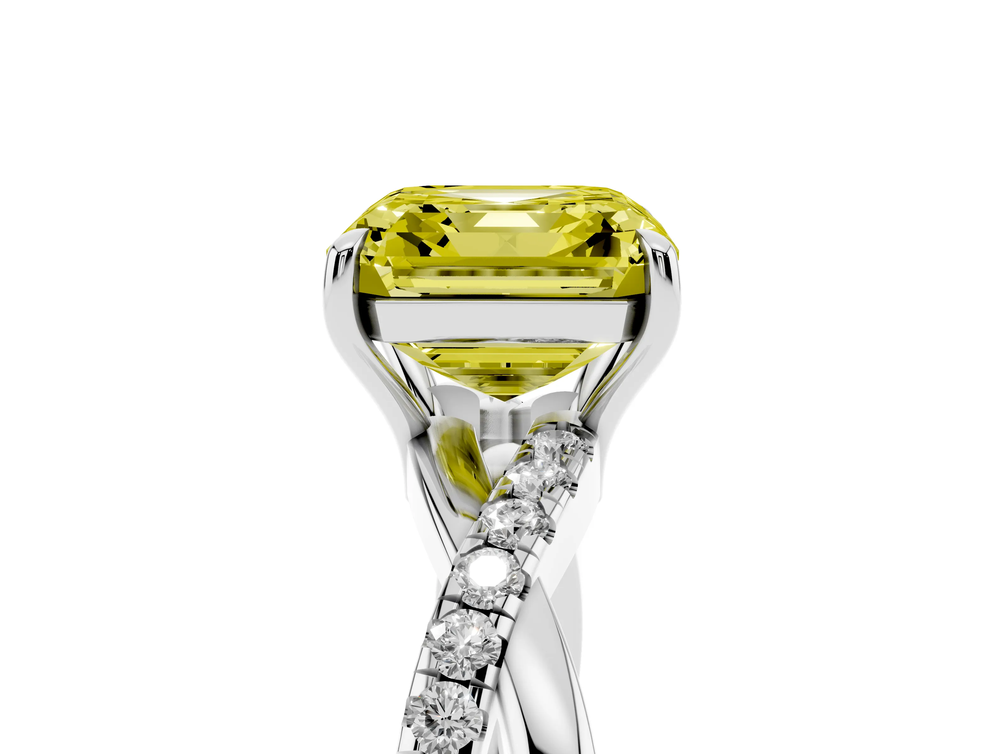 Fancy Yellow Asscher Cut Diamond Twisted Pavé Band Ring Set in Silver with Prong Setting