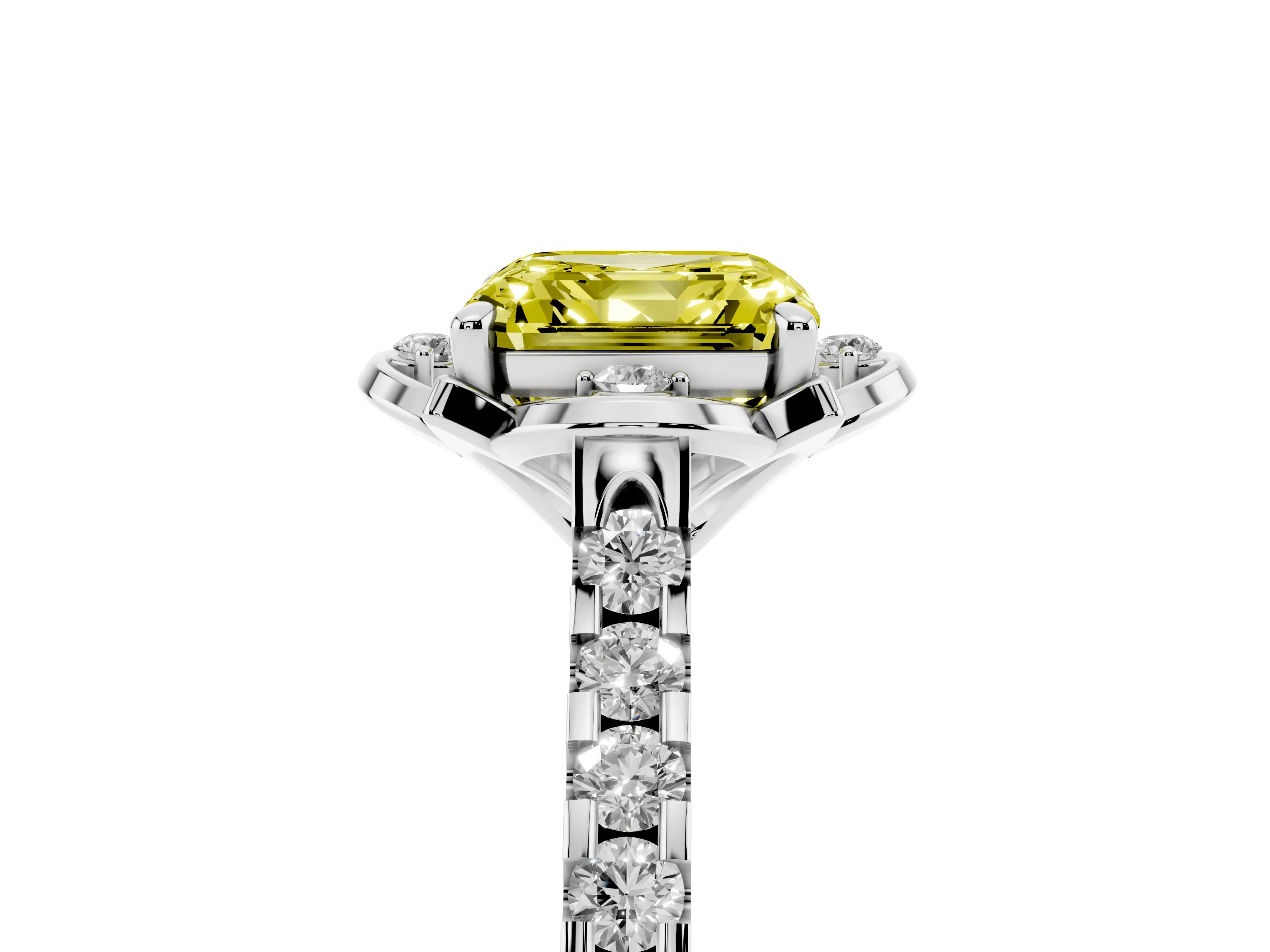 Fancy Yellow Asscher Cut Diamond Solitaire Ring Set in Platinum with Pavé Band and Floral Prong Setting