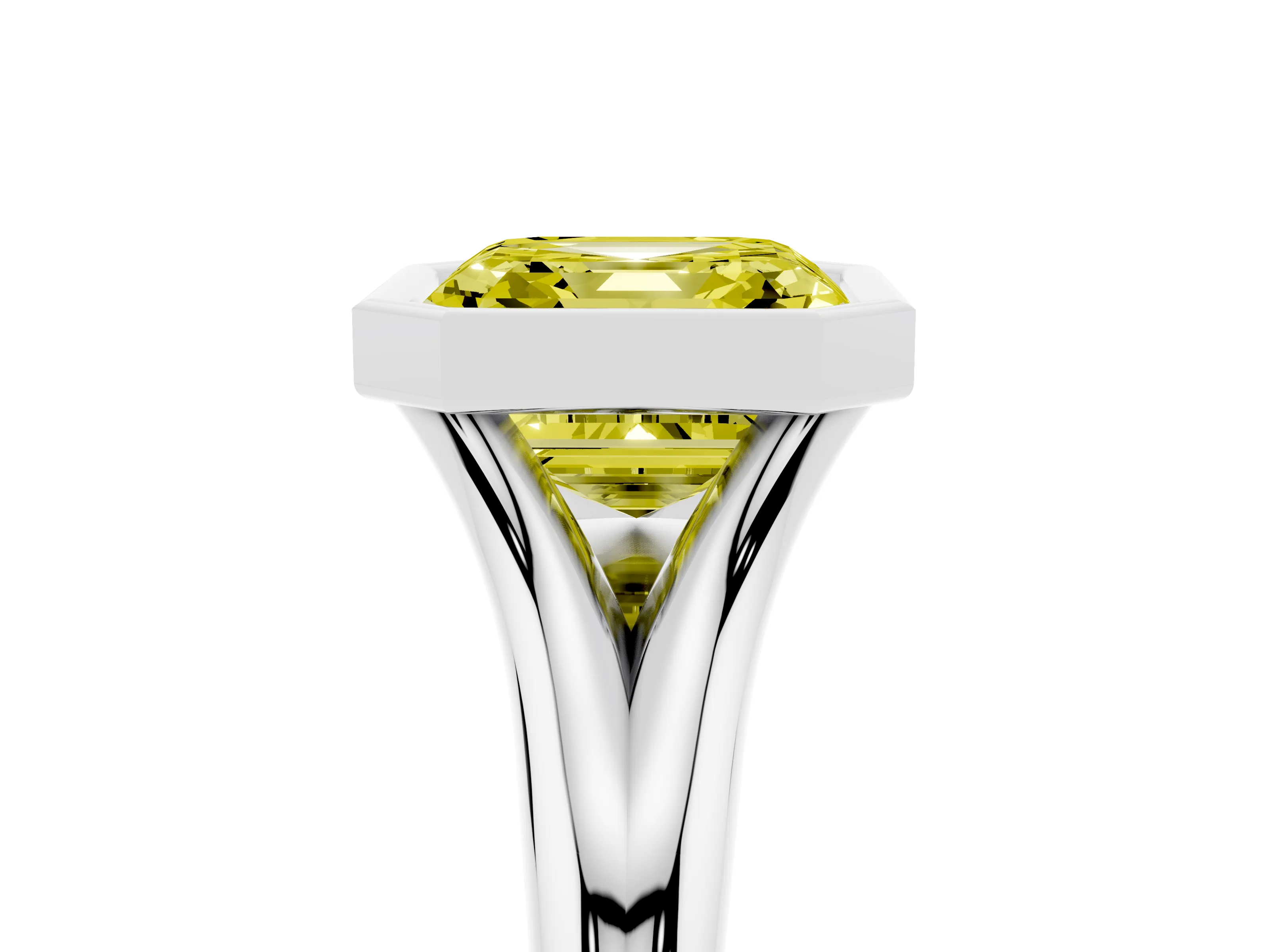 Fancy Yellow Bezel Set Asscher Cut Diamond Solitaire Ring Set in Silver with Smooth Band
