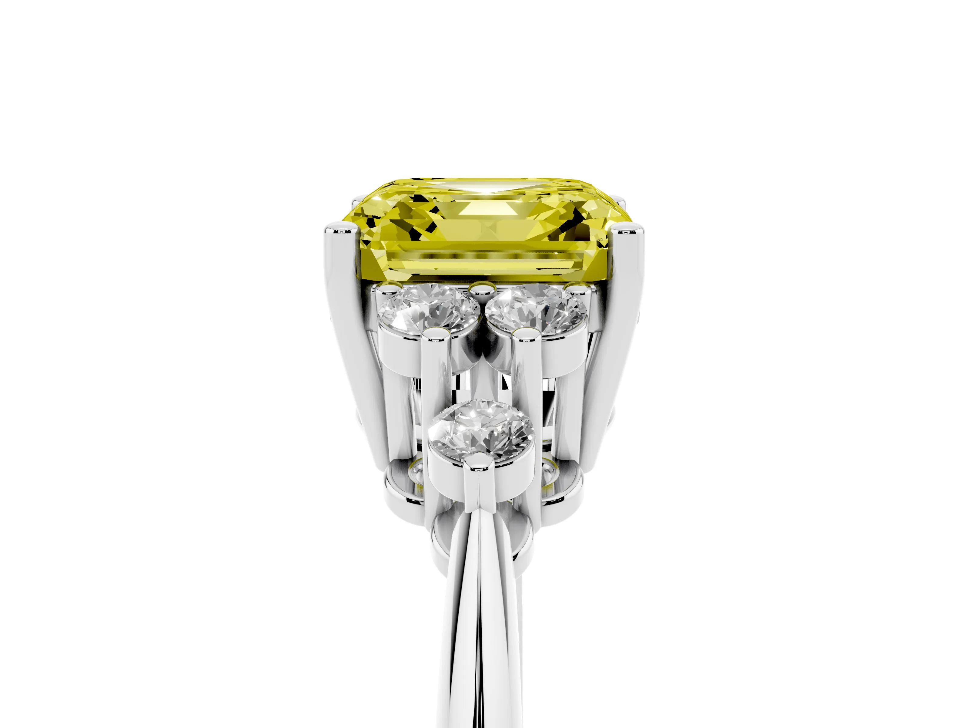 Fancy Yellow Asscher Cut Diamond Cluster Ring Set in White gold with Plain Band and Prong Setting
