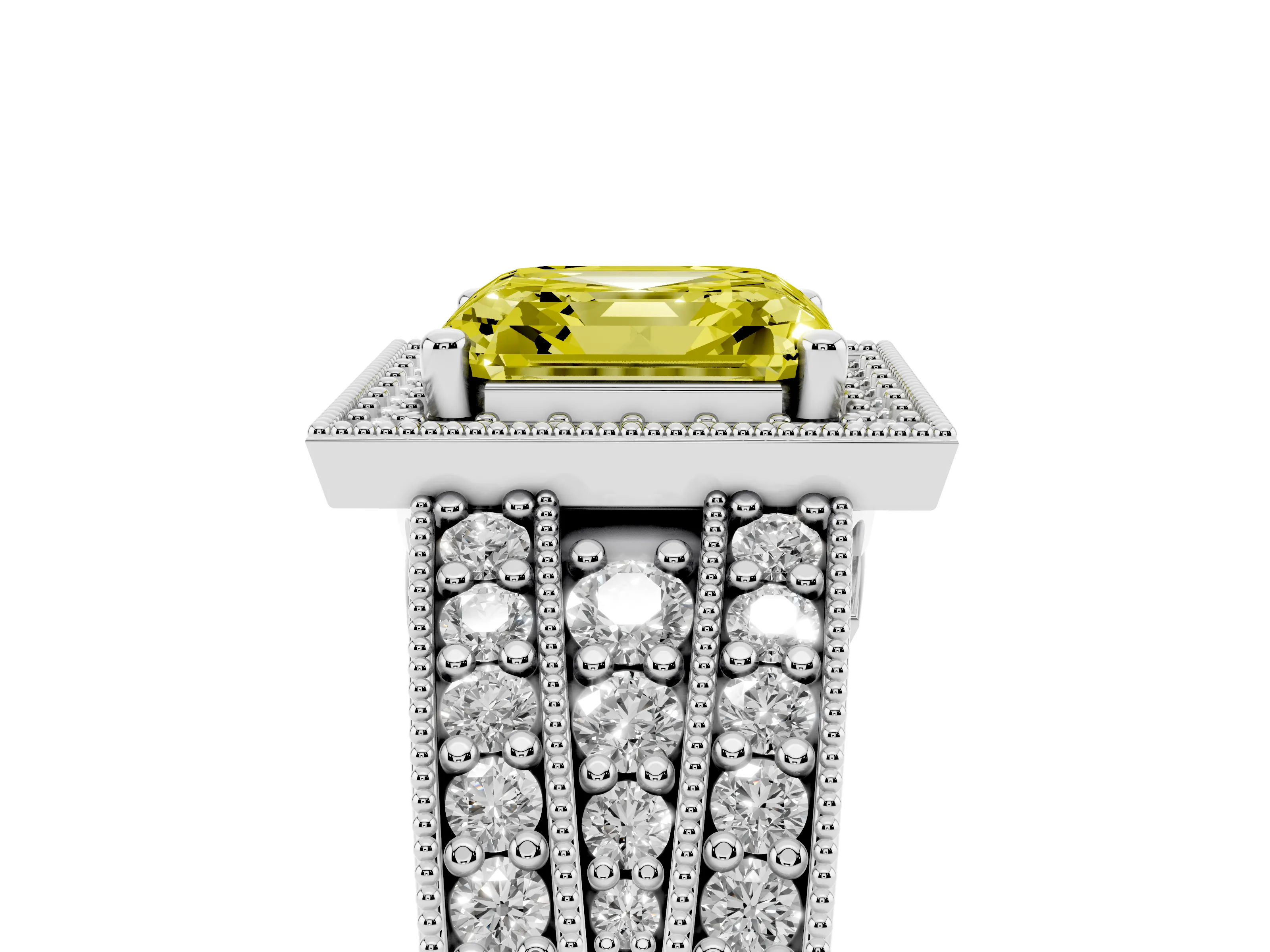 Fancy Yellow Asscher Cut Diamond Halo Ring Set in White gold with Accent Split Shank and Prong Setting