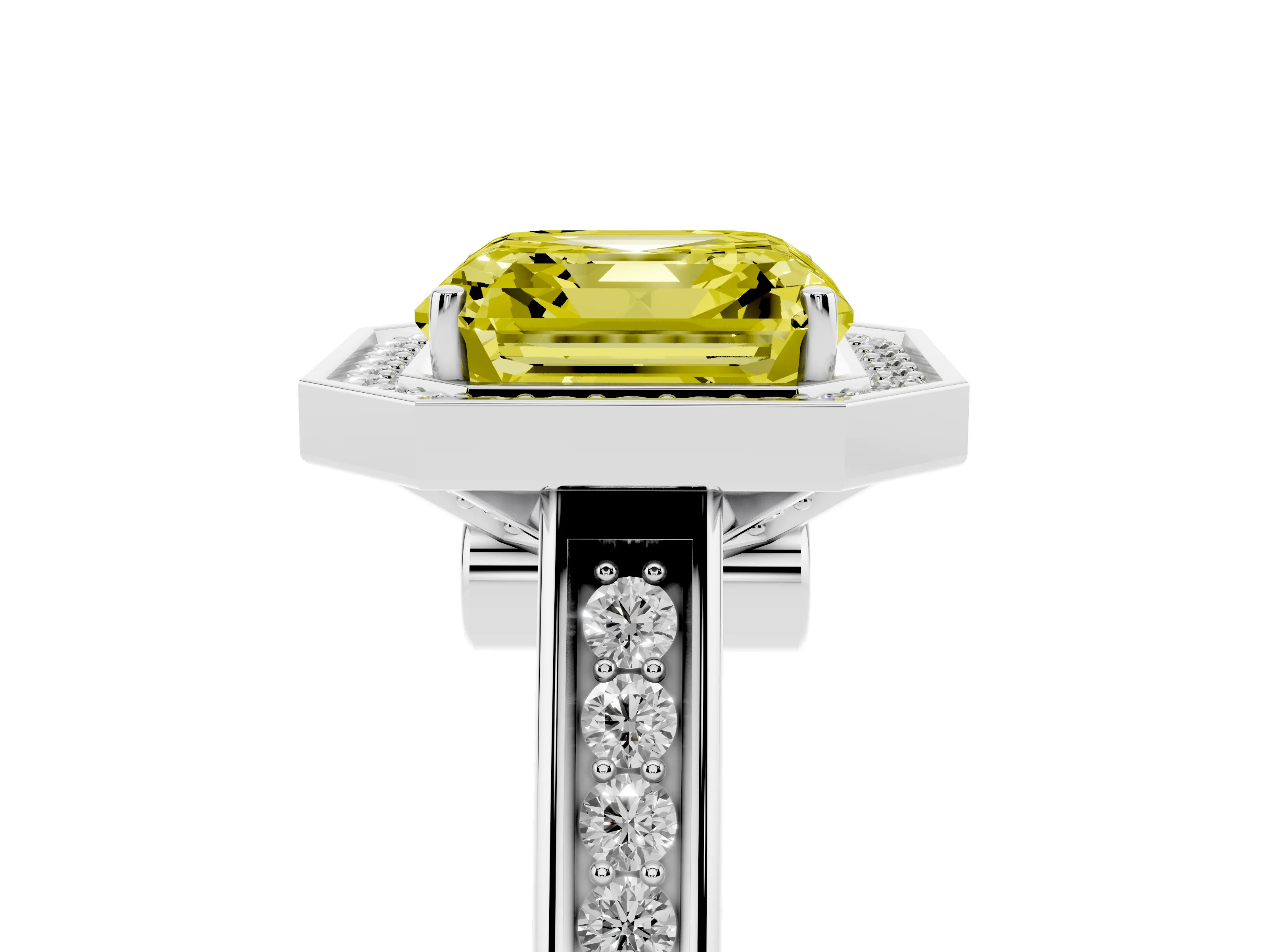 Fancy Yellow Asscher Cut Diamond Halo Solitaire Ring Set in Silver with Pavé Band and Bezel Setting