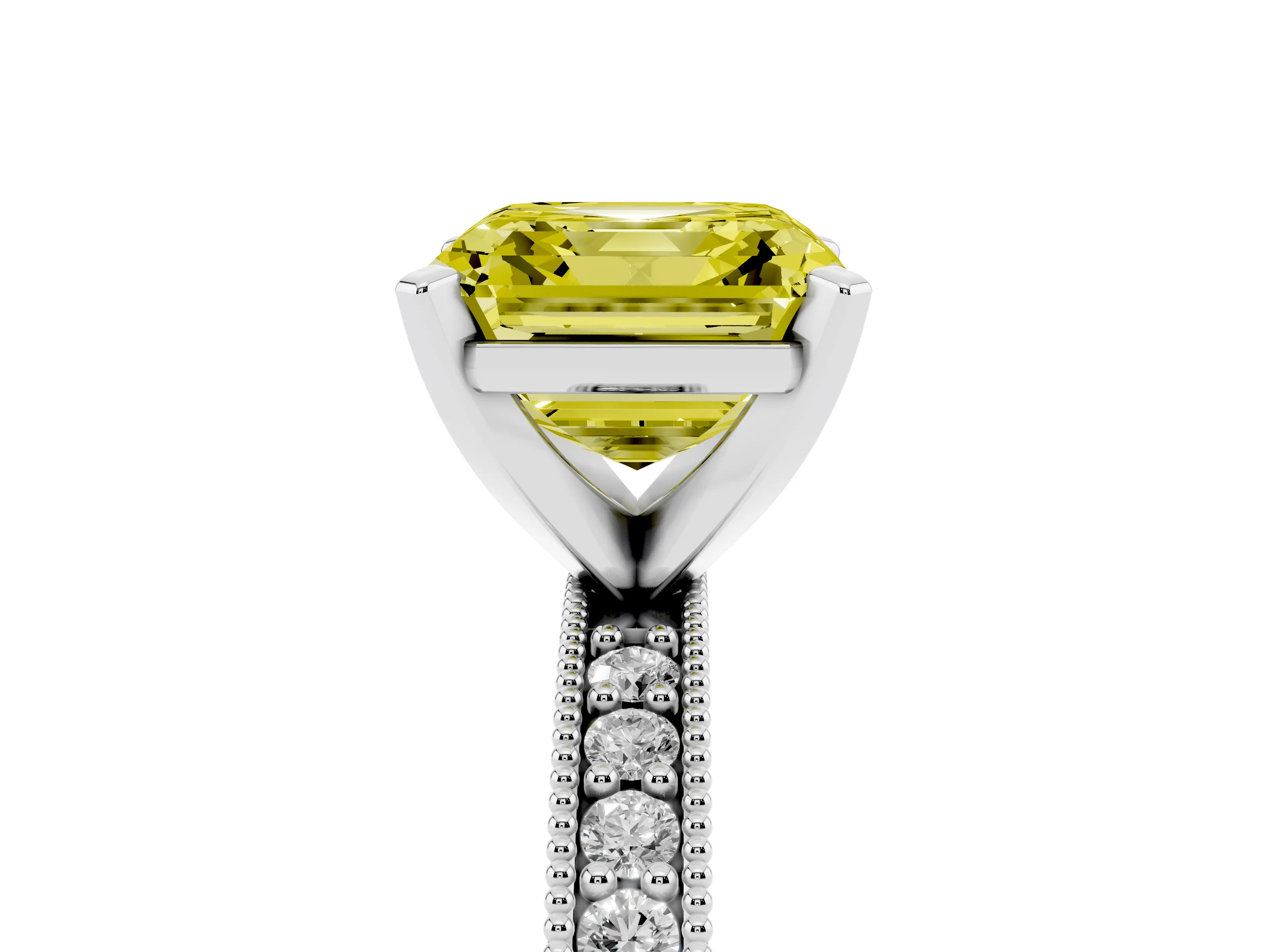 Fancy Yellow Asscher Cut Diamond Milgrain Pavé Engagement Ring Set in Silver with Prong Setting