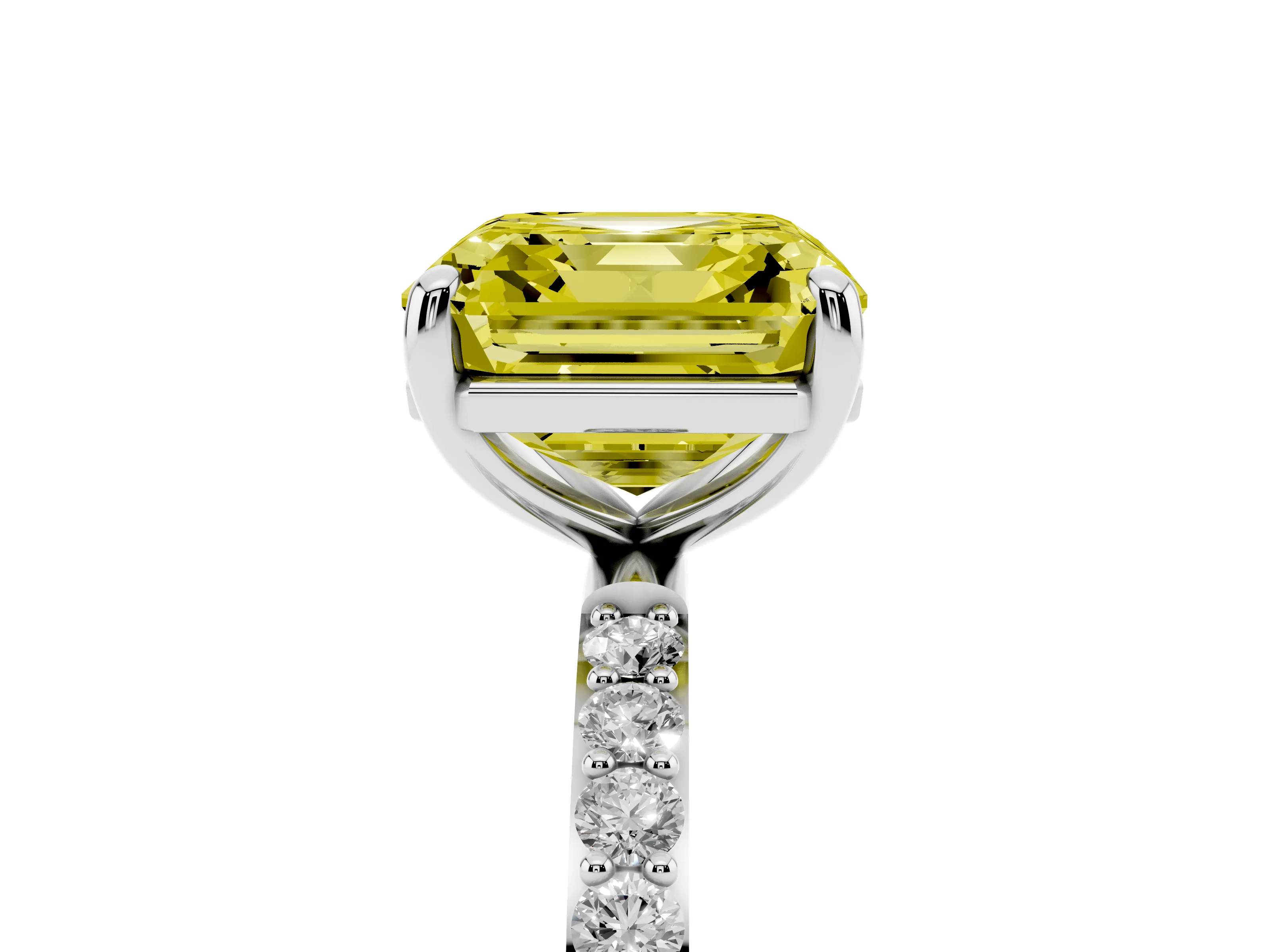 Fancy Yellow Asscher Cut Diamond Solitaire Ring Set in Silver with Round Pavé Band and Prong Setting