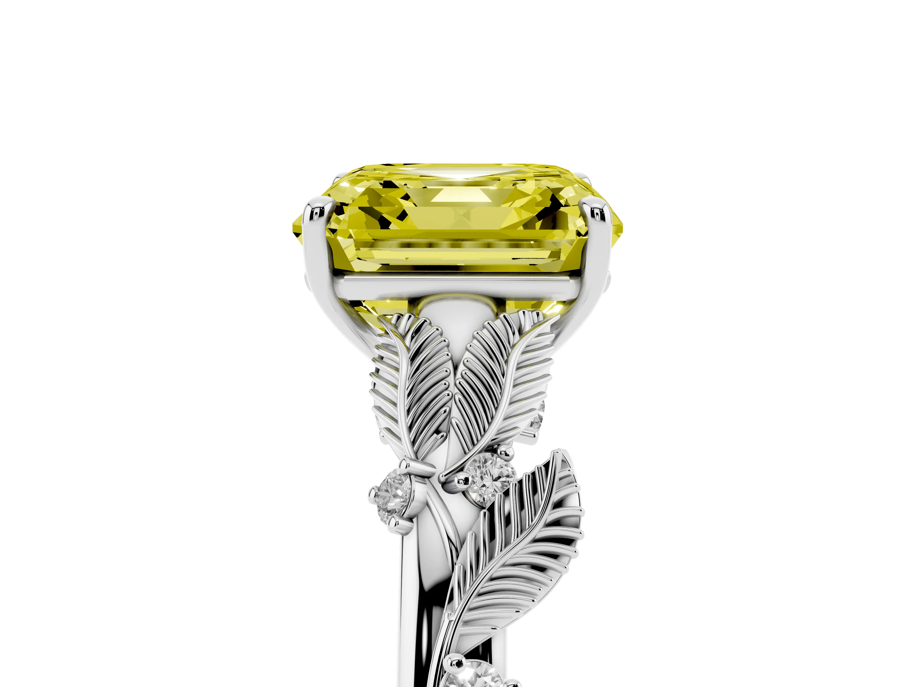 Fancy Yellow Asscher Cut Diamond Solitaire Ring Set in White gold with Leaf Motif Band