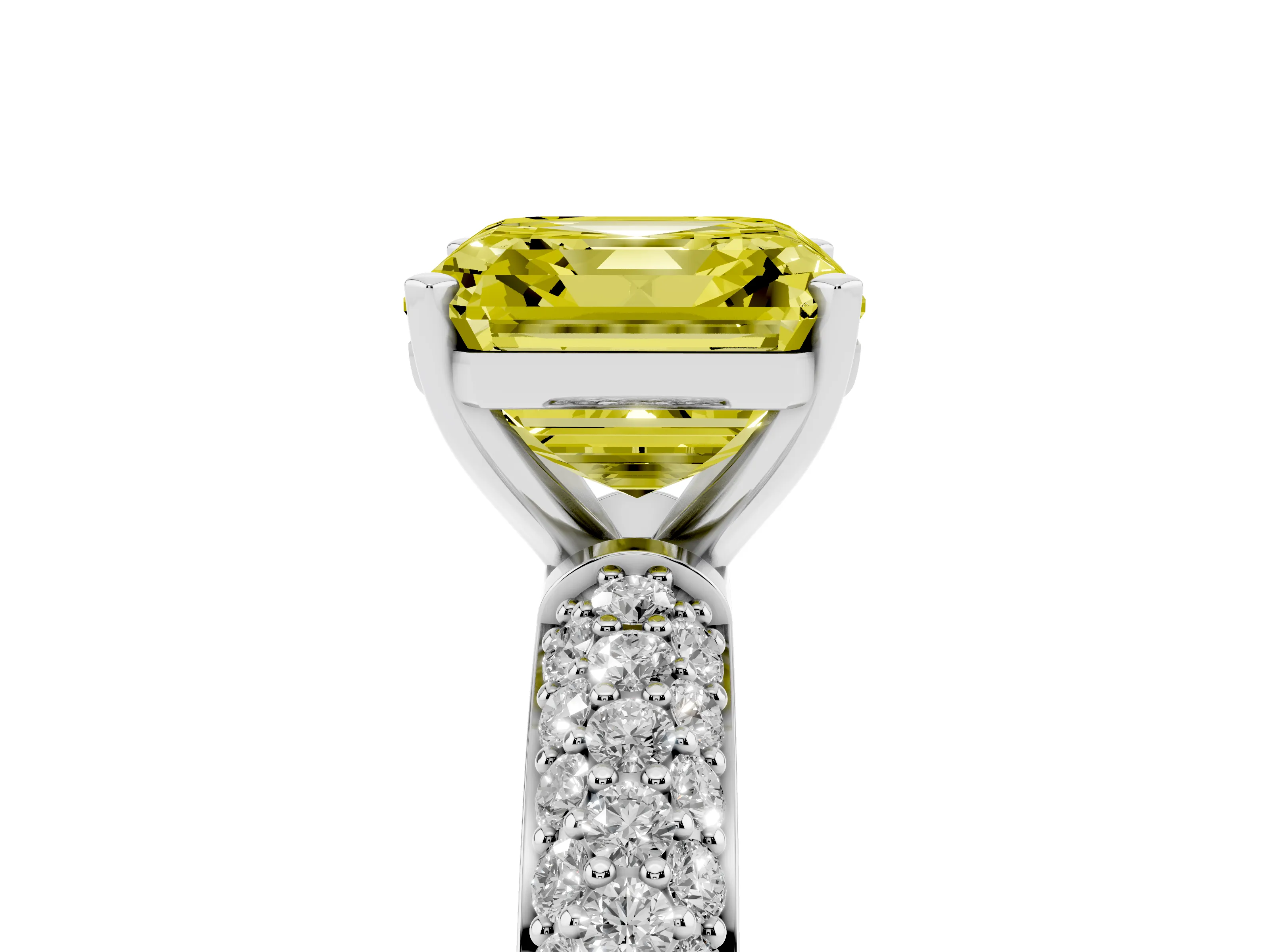 Fancy Yellow Asscher Cut Diamond Solitaire Ring Set in Silver with Prong Setting and Pavé-Set Band