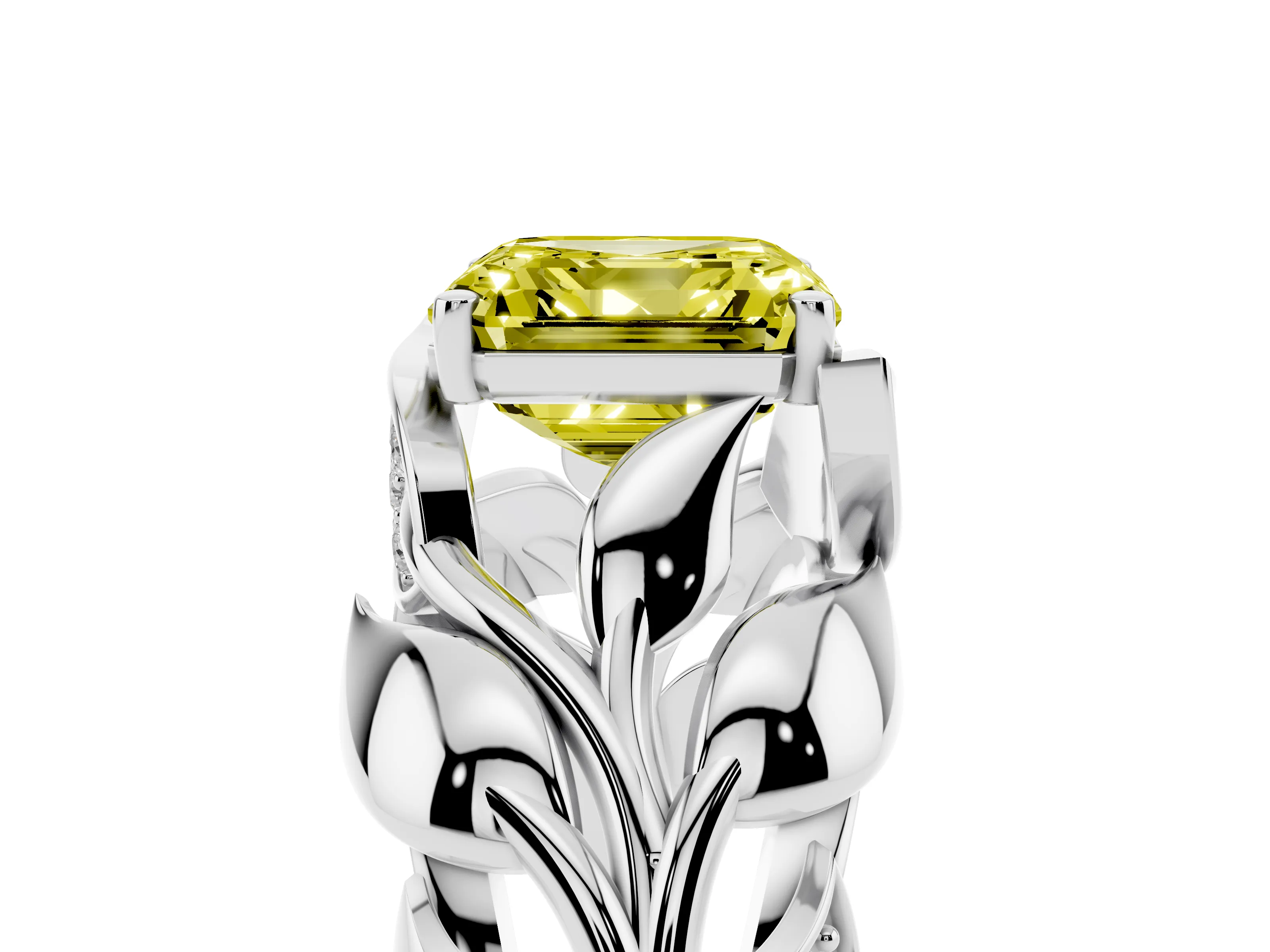 Fancy Yellow Asscher Cut Diamond Leaf-Inspired Engagement Ring Set in White gold with Round Accents