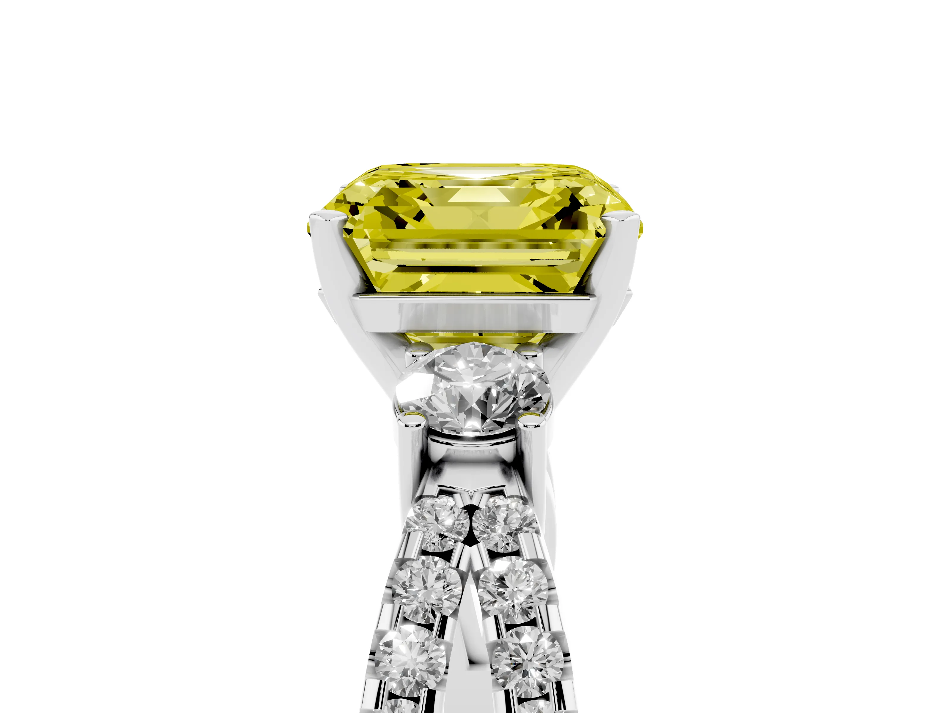 Fancy Yellow Asscher Cut Diamond Three-Stone Ring Set in Platinum with Pavé Split Shank and Prong Setting