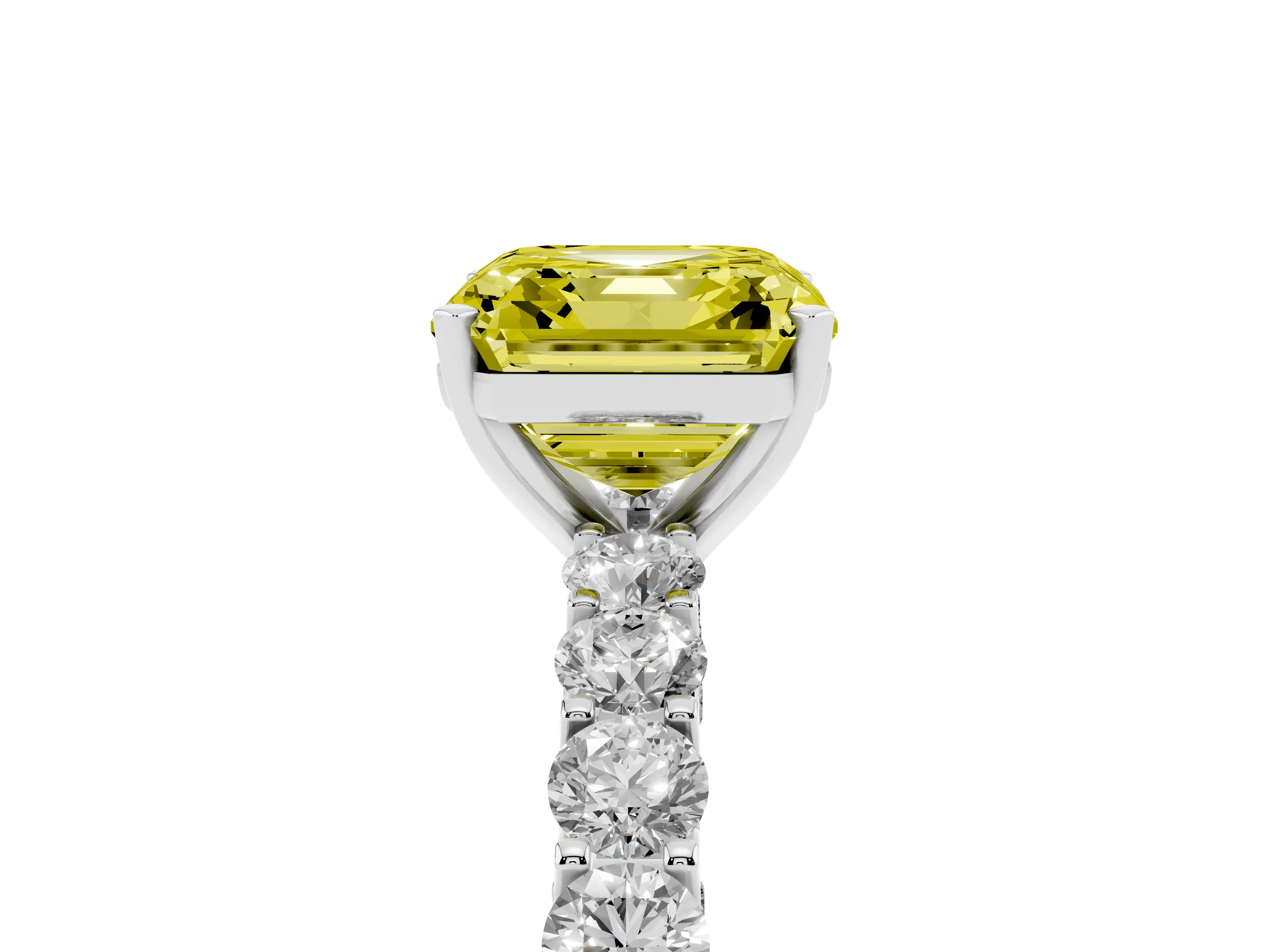 Fancy Yellow Asscher Cut Diamond Solitaire Ring Set in Platinum with Shared Prong Pavé Band