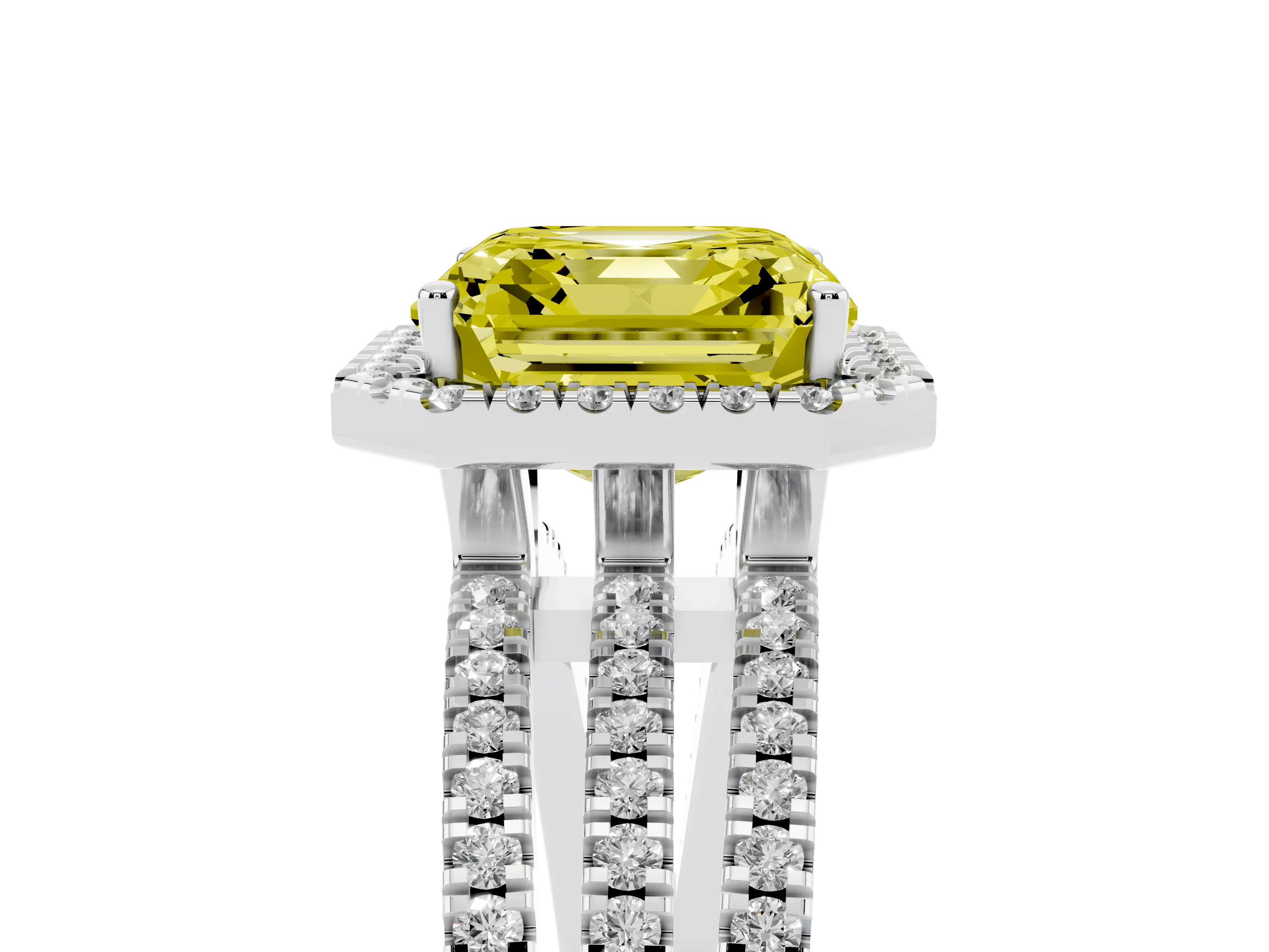 Fancy Yellow Asscher Cut Diamond Halo Split Shank Engagement Ring Set in Silver with Prong Setting