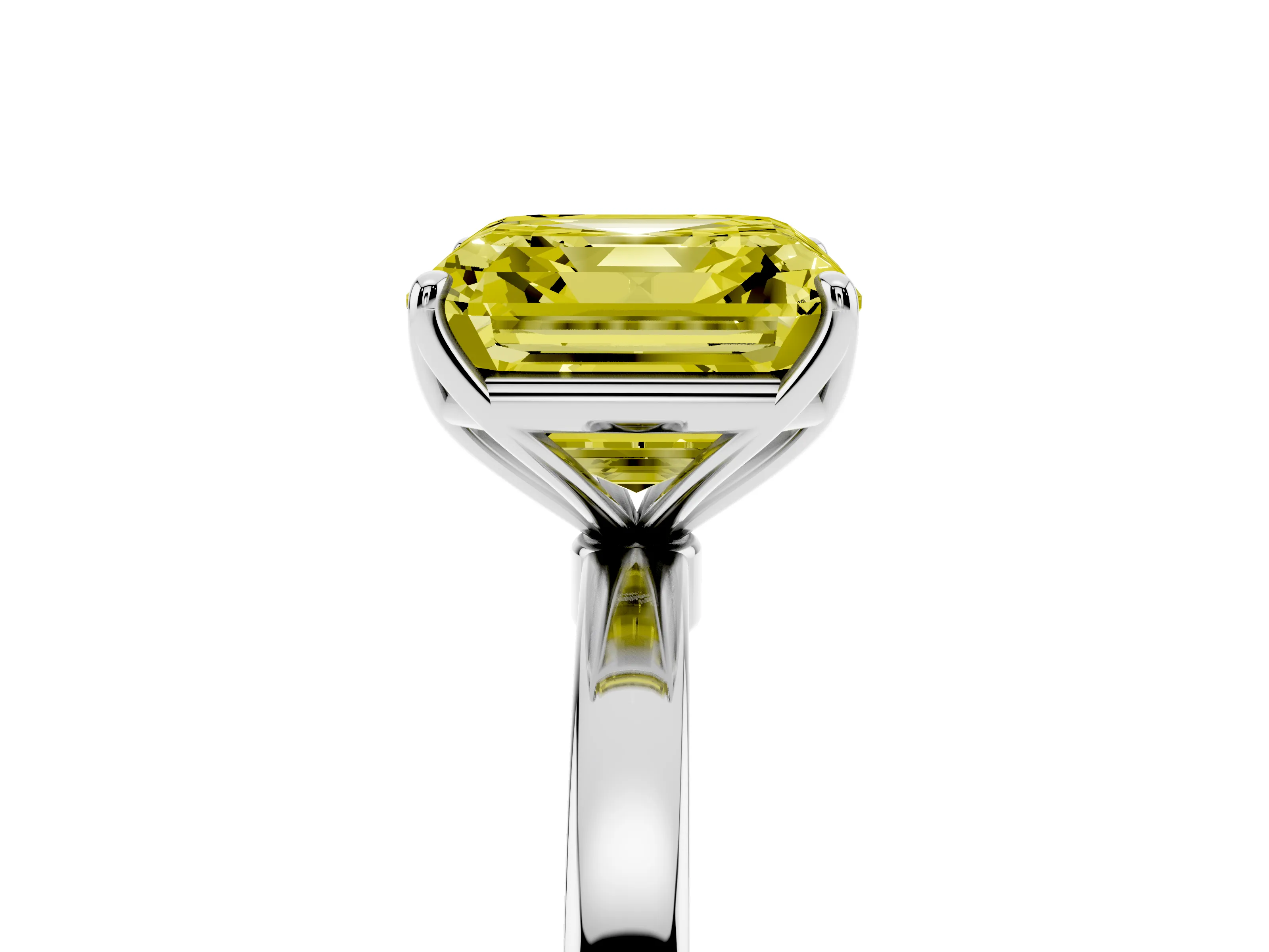 Fancy Yellow Asscher Cut Diamond Solitaire Ring Set in Platinum with Prong Setting and Thin Polished Band