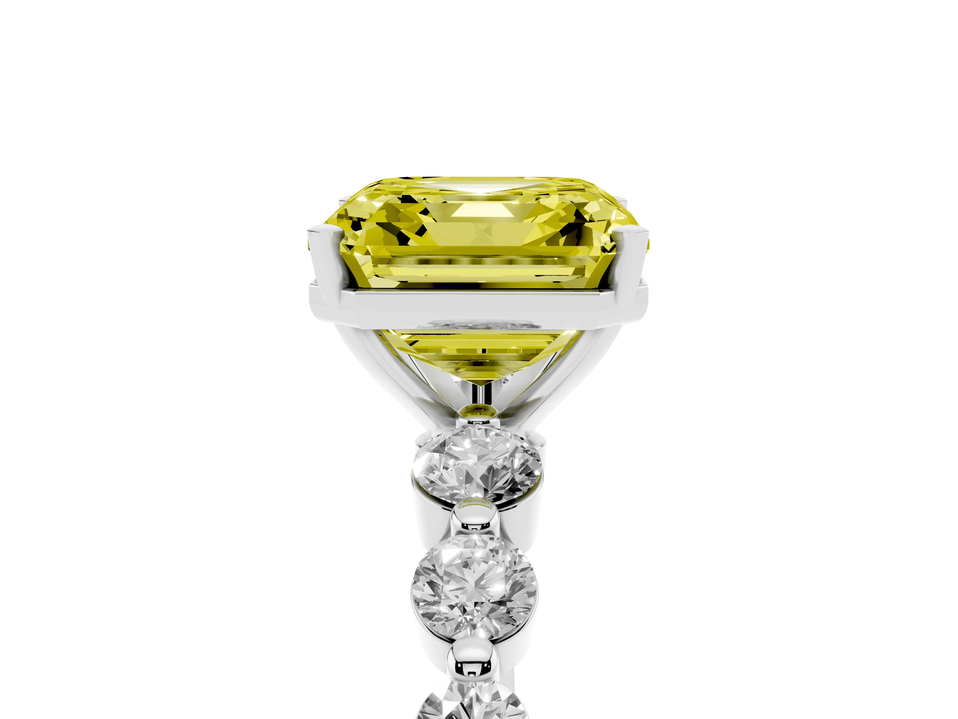 Fancy Yellow Asscher Cut Diamond Solitaire Ring Set in Platinum with Pavé Band and Prong Setting